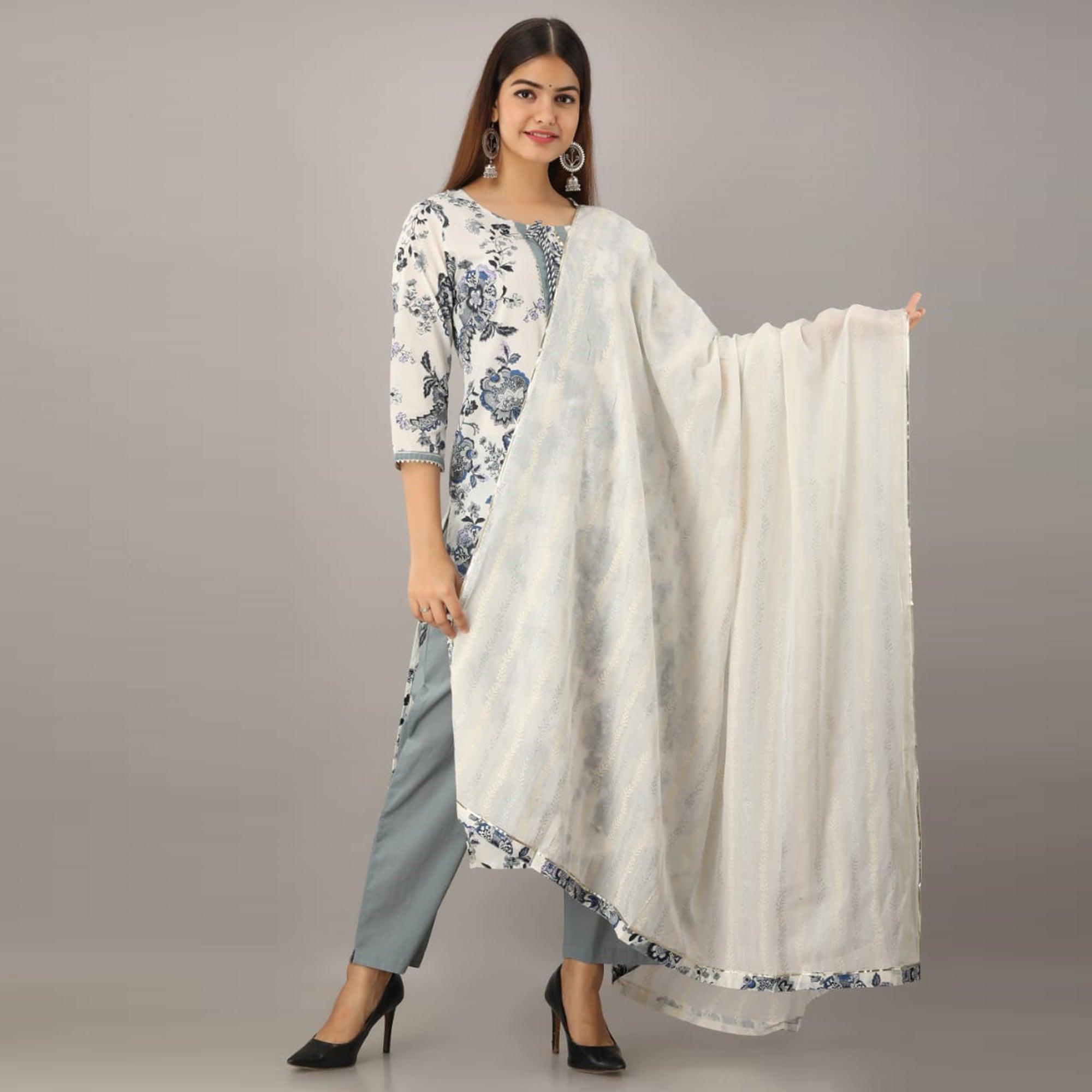 Fantastic White Colored Partywear Printed Cotton Kurti - Palazzo Set With Dupatta - Peachmode