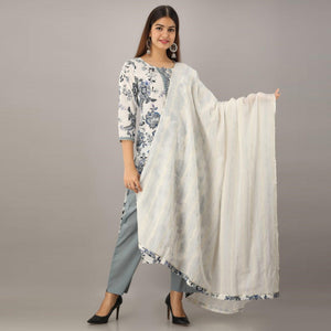 Fantastic White Colored Partywear Printed Cotton Kurti - Palazzo Set With Dupatta - Peachmode