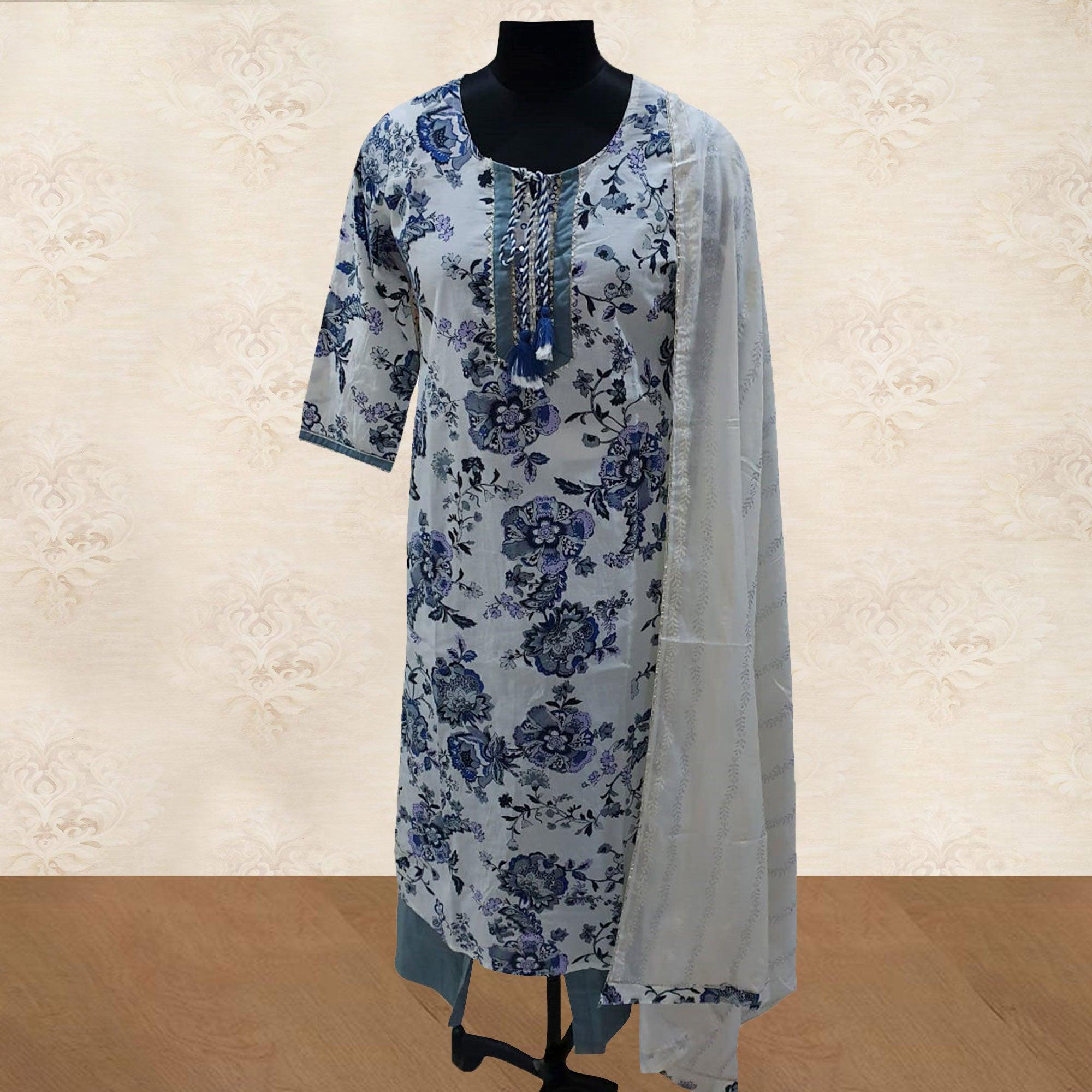 Fantastic White Colored Partywear Printed Cotton Kurti - Palazzo Set With Dupatta - Peachmode