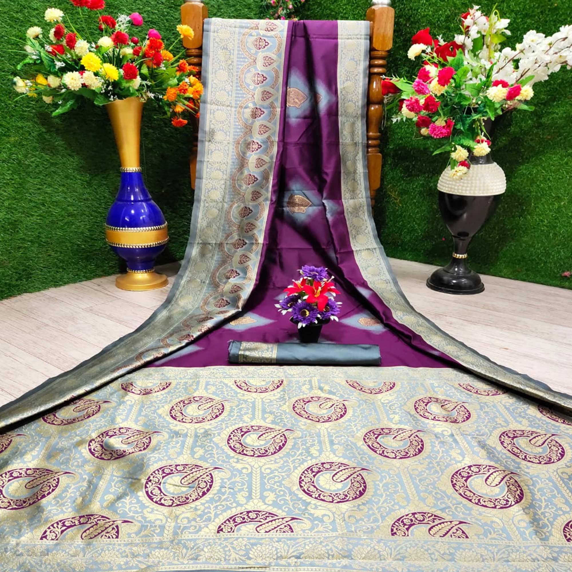 Fantastic Wine Colored Festive Wear Woven Silk Saree - Peachmode