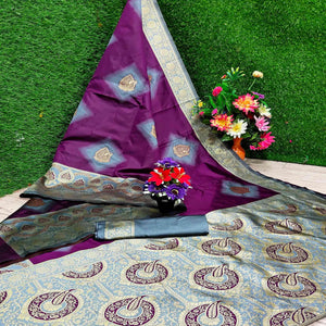 Fantastic Wine Colored Festive Wear Woven Silk Saree - Peachmode