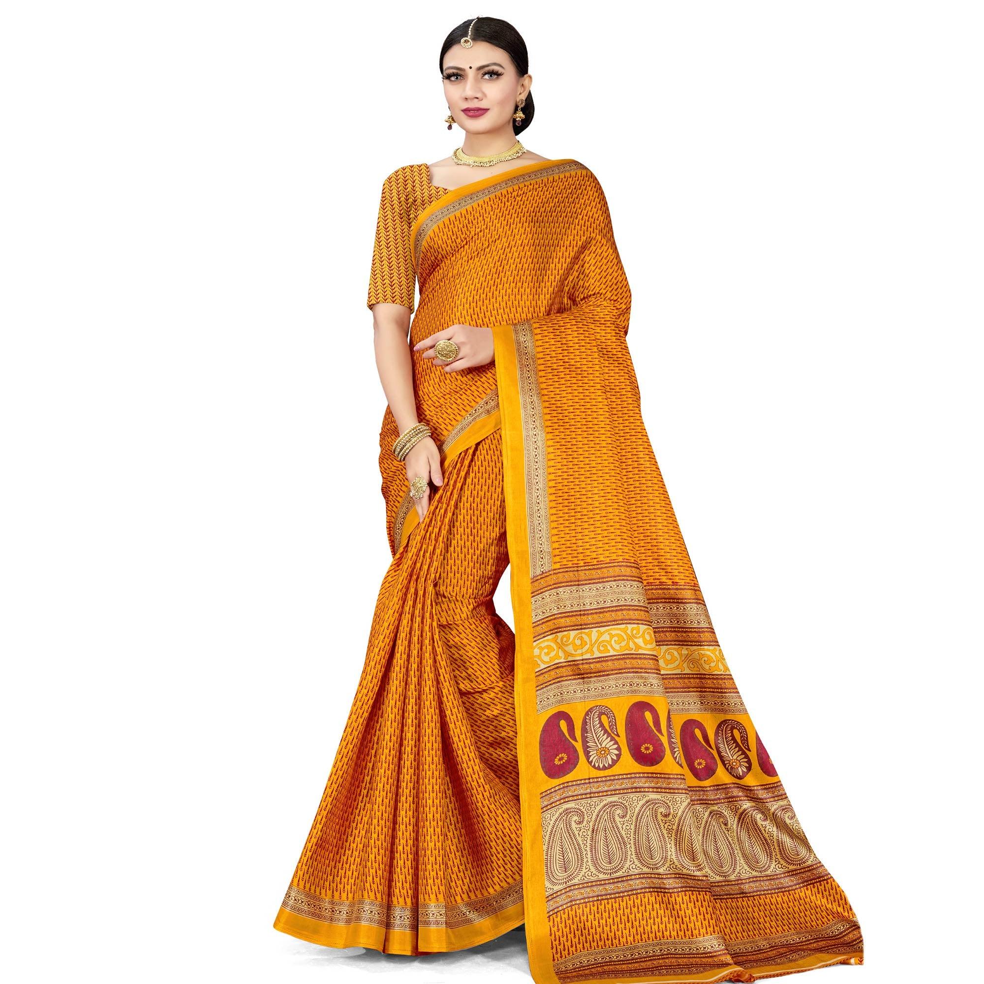 Fantastic Yellow Colored Casual Wear Cotton Silk Saree - Peachmode