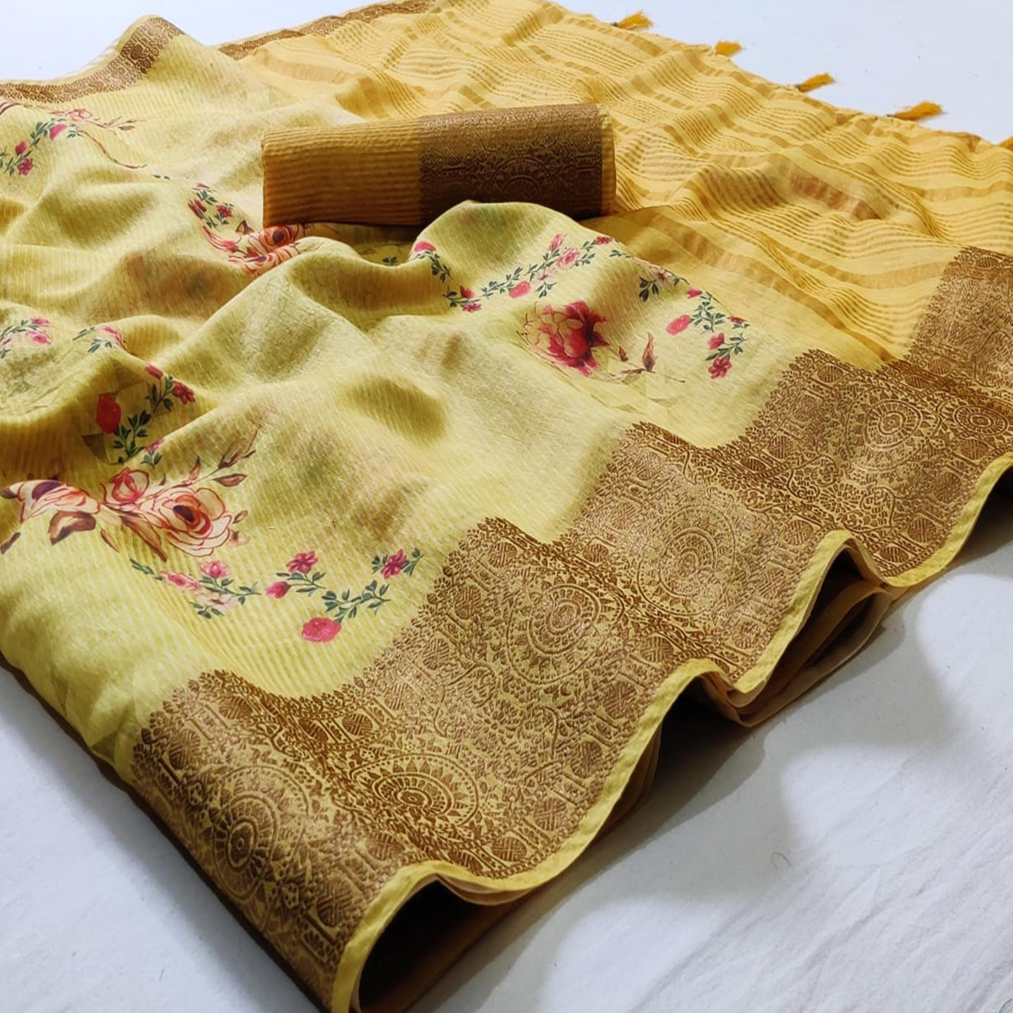 Fantastic Yellow Colored Festive Wear Woven Banarasi Silk Saree - Peachmode