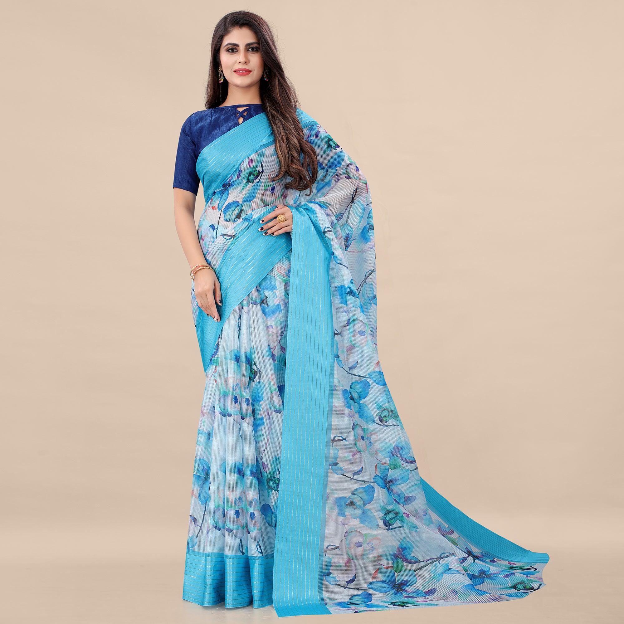 Feorzi Casual Wear Floral Digital Printed Silk Saree With Woven Border - Peachmode