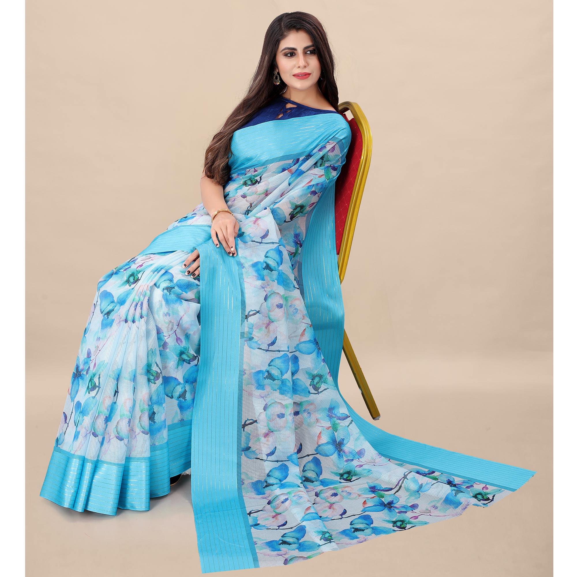Feorzi Casual Wear Floral Digital Printed Silk Saree With Woven Border - Peachmode