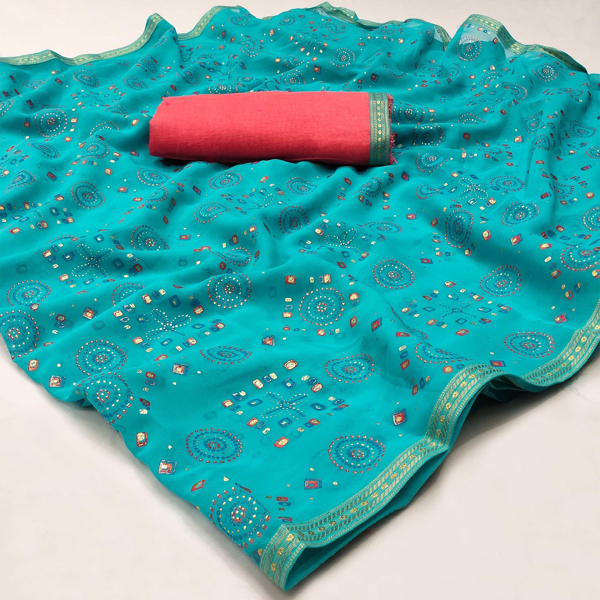 Ferozi Casual Wear Block Printed With Foil Work Georgette Saree - Peachmode