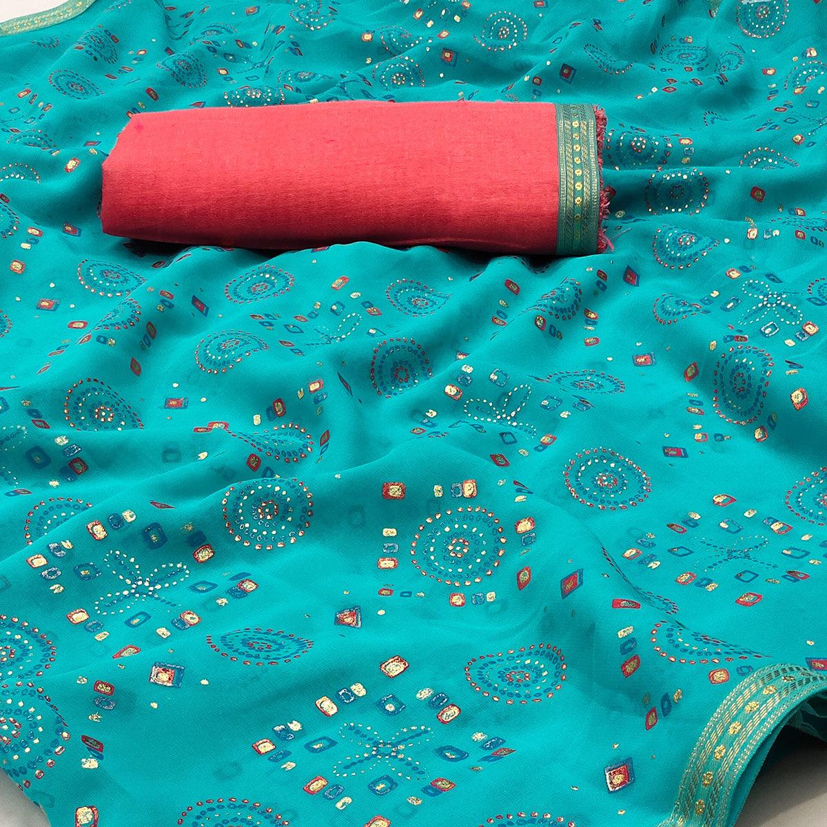 Ferozi Casual Wear Block Printed With Foil Work Georgette Saree - Peachmode