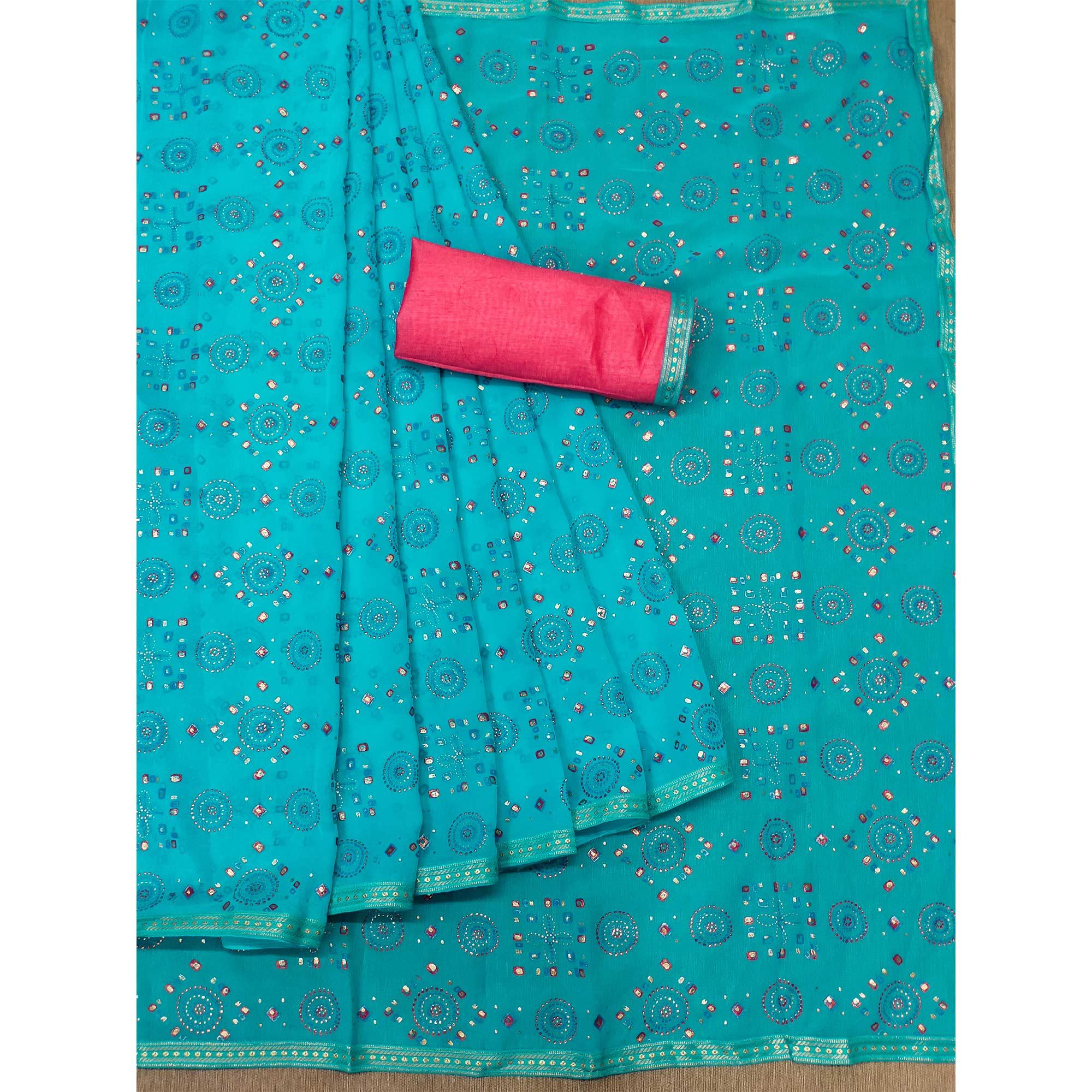 Ferozi Casual Wear Block Printed With Foil Work Georgette Saree - Peachmode