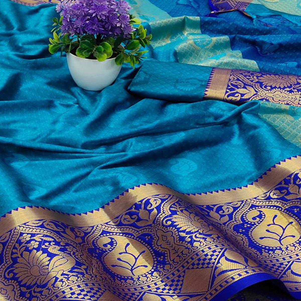 Ferozi Festive Wear Woven Soft Cotton Saree - Peachmode