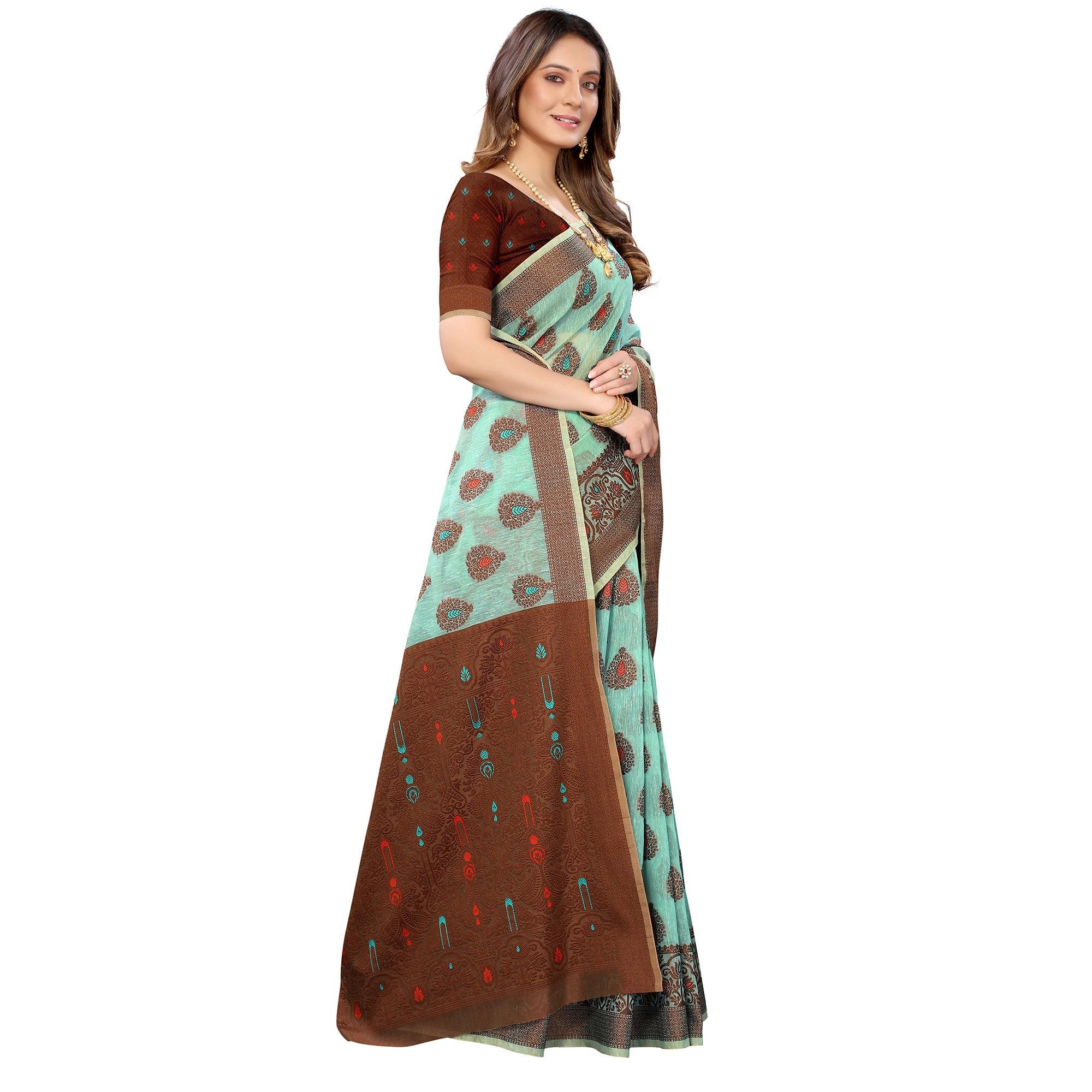 Ferozi Festive Wear Woven With Meena Butta Rich Pallu Cotton Saree - Peachmode