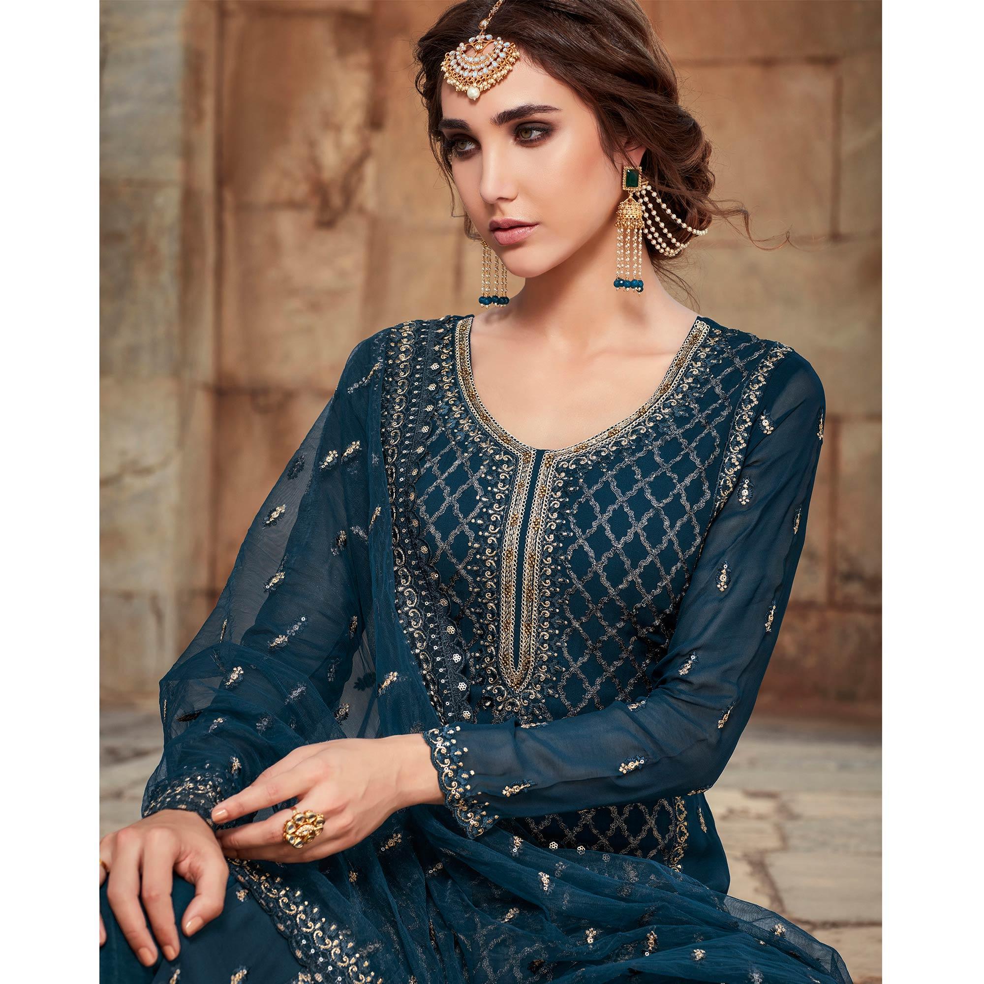 Festive Wear Aqua Blue Designer with Embroidery Work Faux Georgette Palazzo Suit - Peachmode