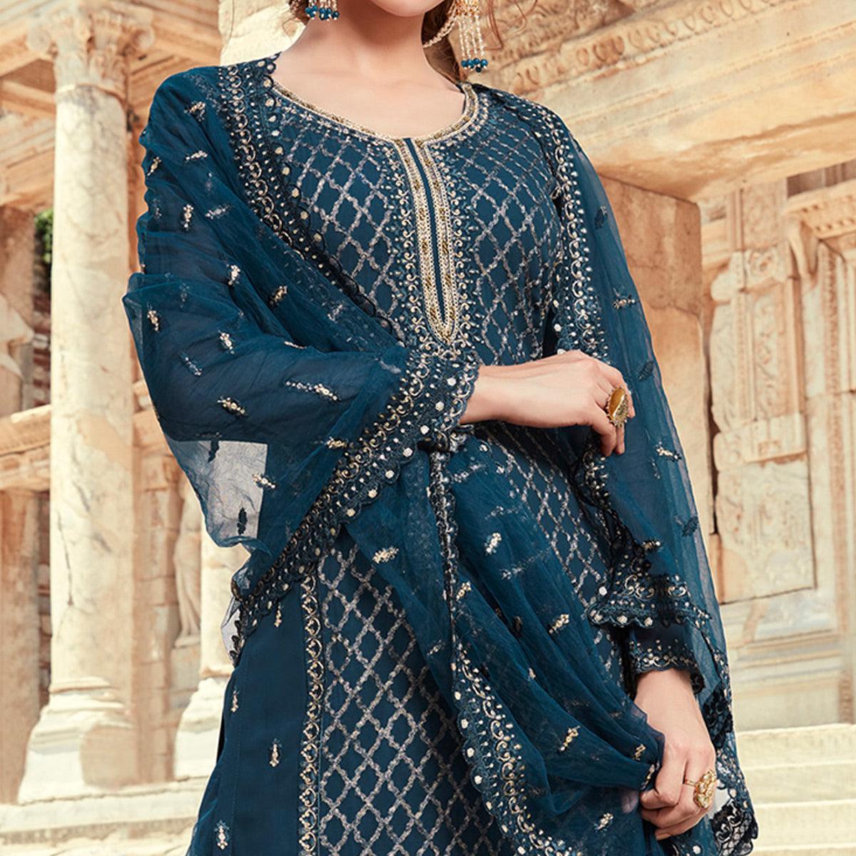 Festive Wear Aqua Blue Designer with Embroidery Work Faux Georgette Palazzo Suit - Peachmode