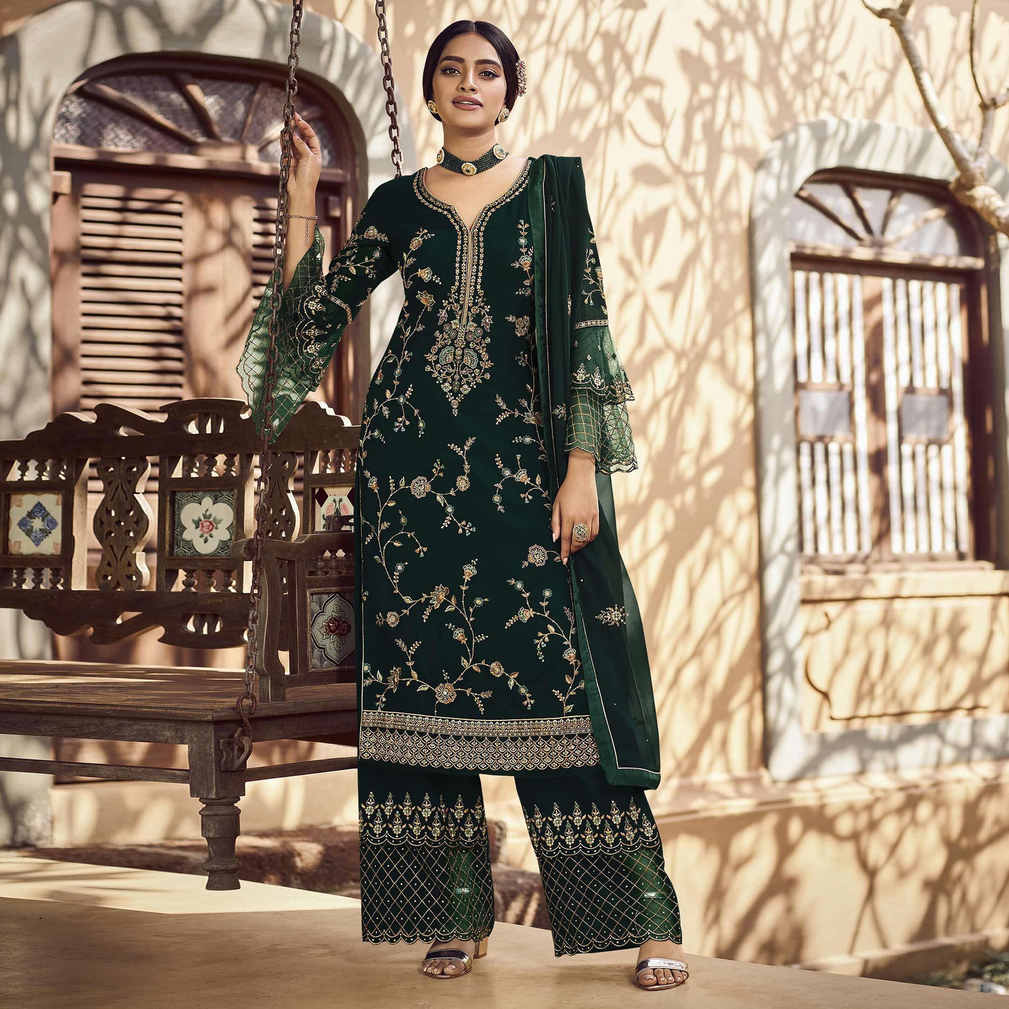 Festive Wear Green Floral Embroidery work Faux Georgette Straight Cut palazzo Suit - Peachmode