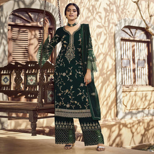 Festive Wear Green Floral Embroidery work Faux Georgette Straight Cut palazzo Suit - Peachmode