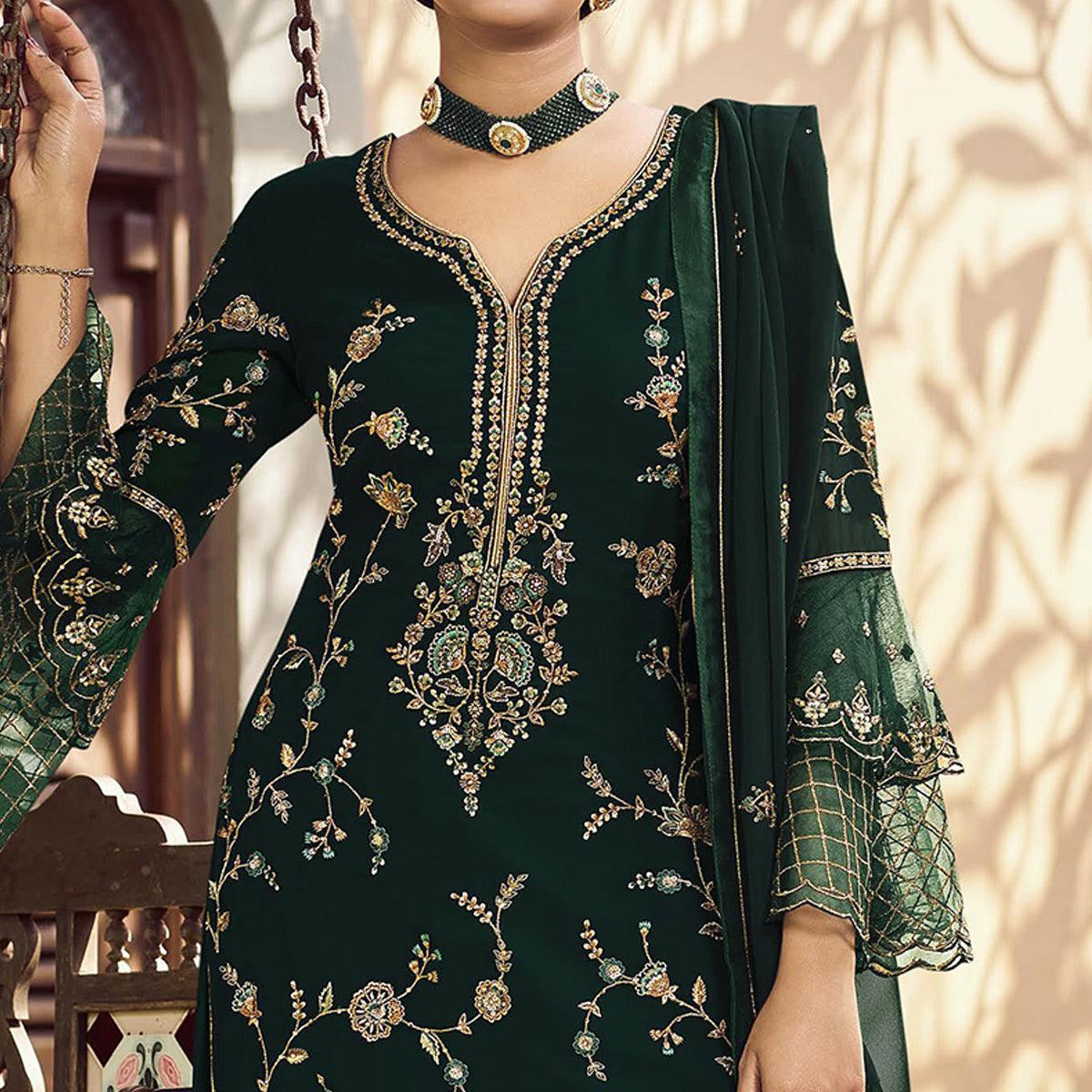 Festive Wear Green Floral Embroidery work Faux Georgette Straight Cut palazzo Suit - Peachmode