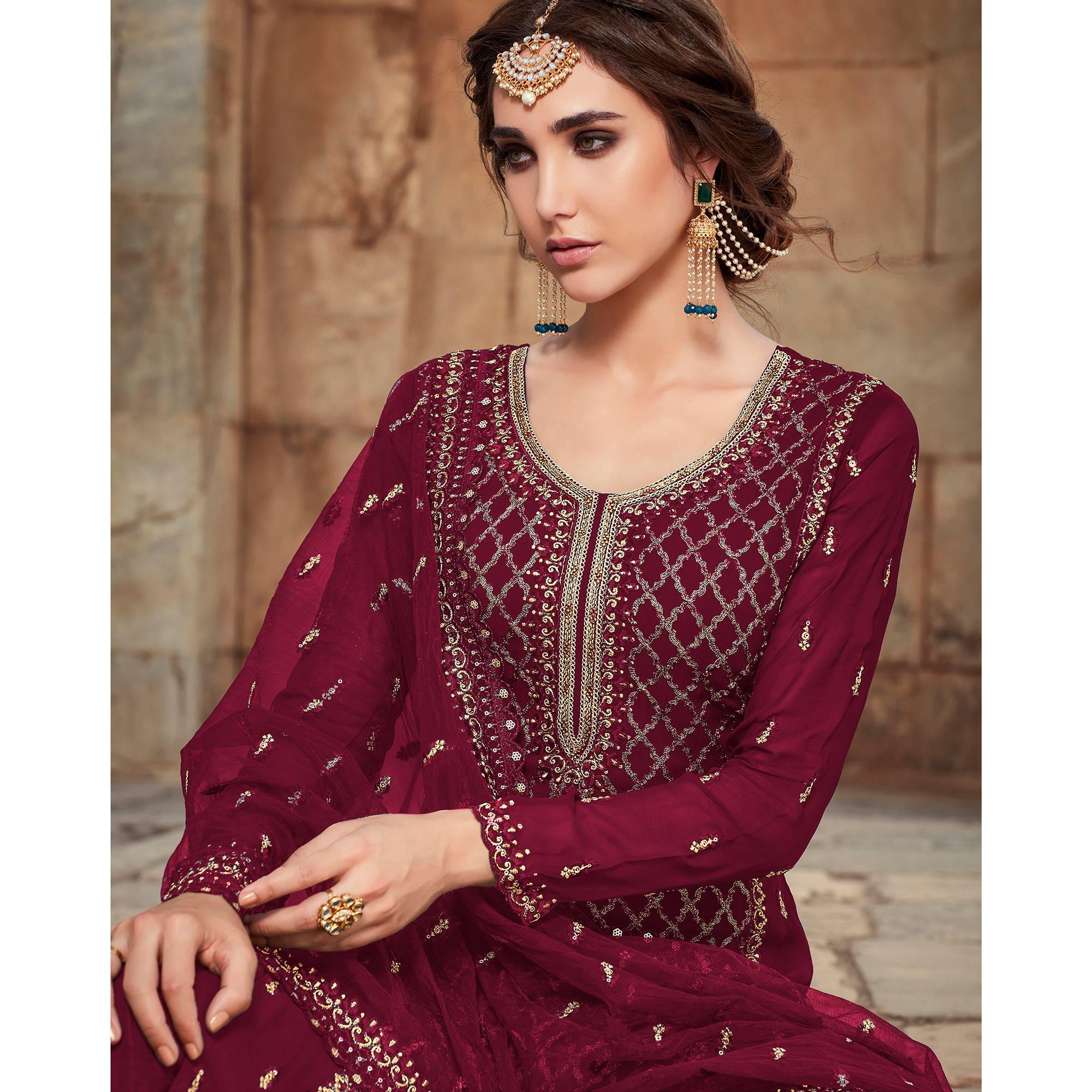 Festive Wear Maroon Designer with Embroidery Work Faux Georgette Palazzo Suit - Peachmode