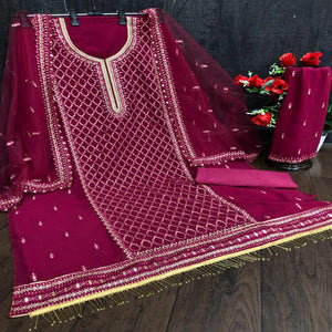 Festive Wear Maroon Designer with Embroidery Work Faux Georgette Palazzo Suit - Peachmode