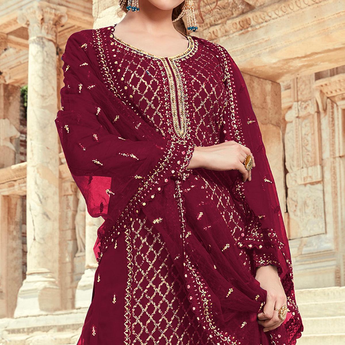 Festive Wear Maroon Designer with Embroidery Work Faux Georgette Palazzo Suit - Peachmode
