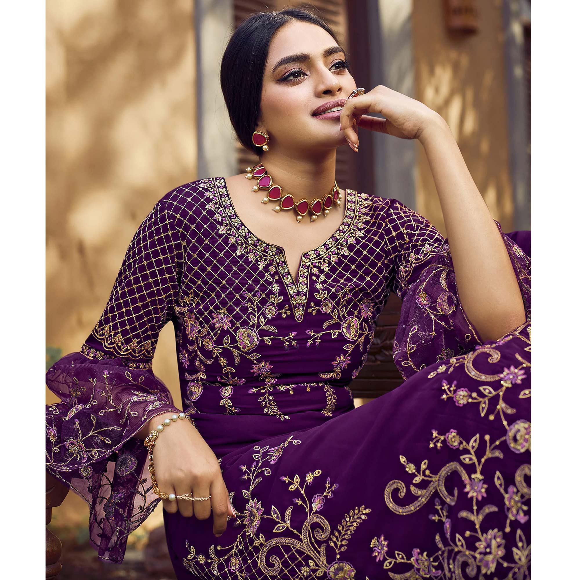 Festive Wear Purple Floral Embroidery work Faux Georgette Straight Cut palazzo Suit - Peachmode