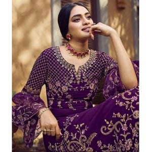 Festive Wear Purple Floral Embroidery work Faux Georgette Straight Cut palazzo Suit - Peachmode