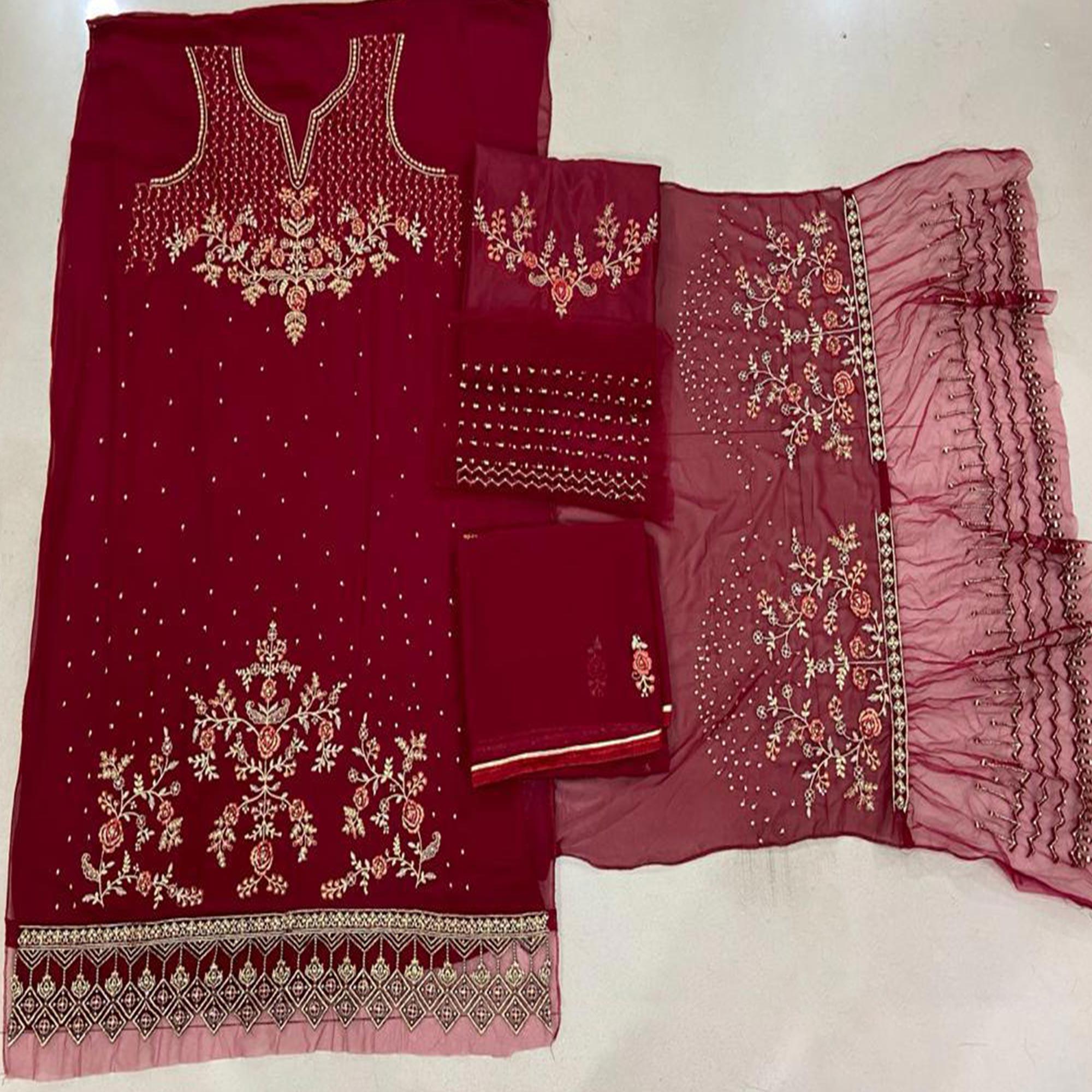 Festive Wear Red Floral Embroidery work Faux Georgette Straight Cut palazzo Suit - Peachmode