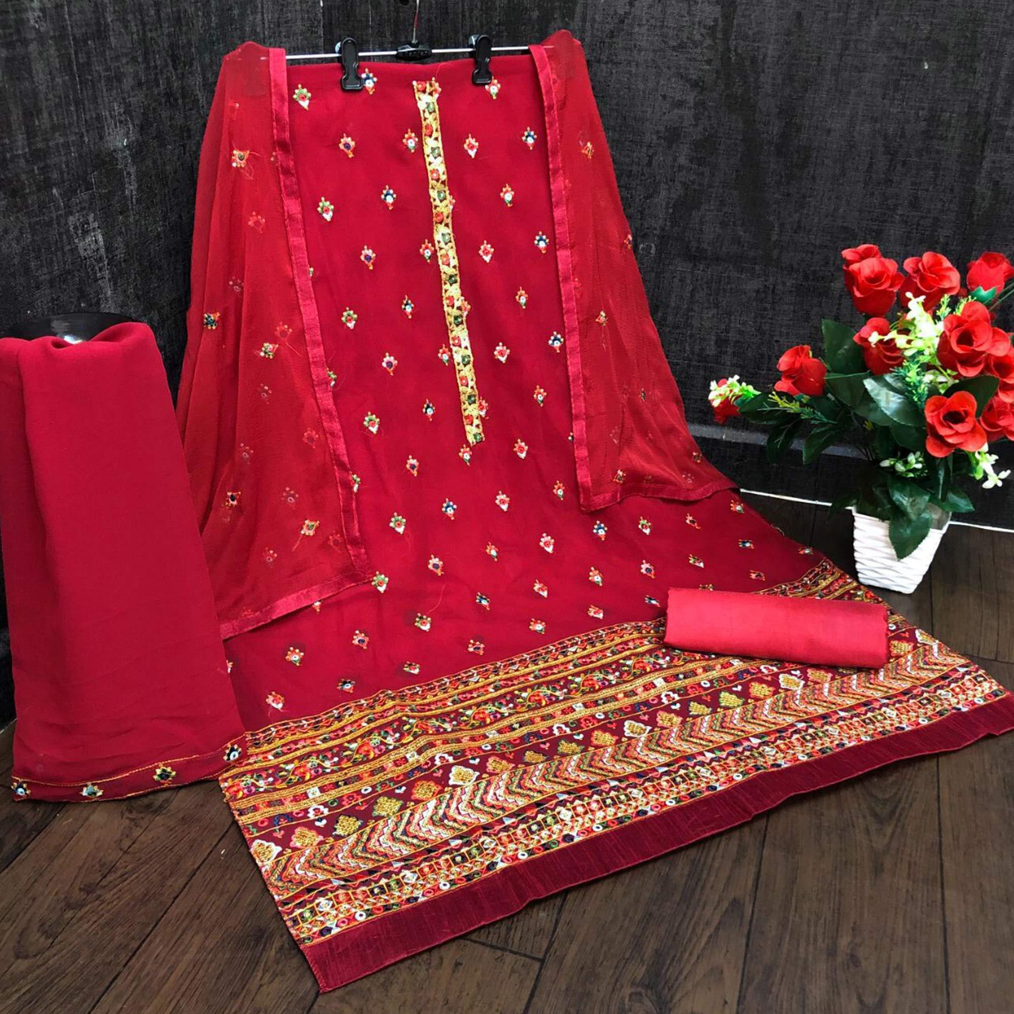 Festive Wear Red Sequence Embroidery Work Faux Georgette Patiala Suit - Peachmode