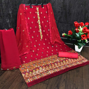 Festive Wear Red Sequence Embroidery Work Faux Georgette Patiala Suit - Peachmode