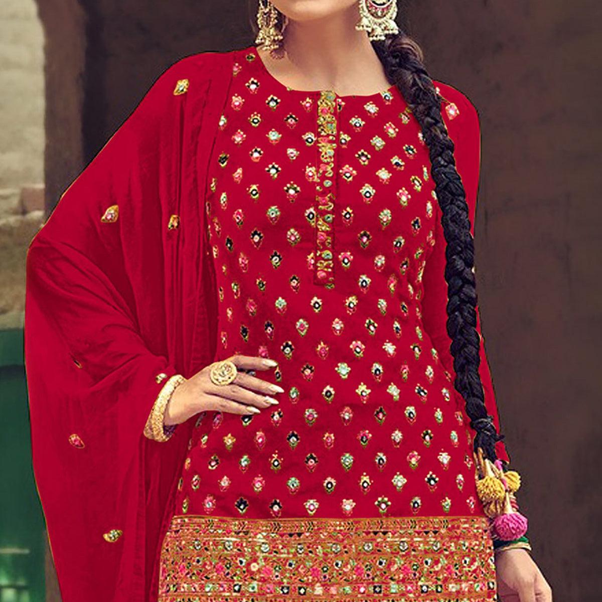 Festive Wear Red Sequence Embroidery Work Faux Georgette Patiala Suit - Peachmode