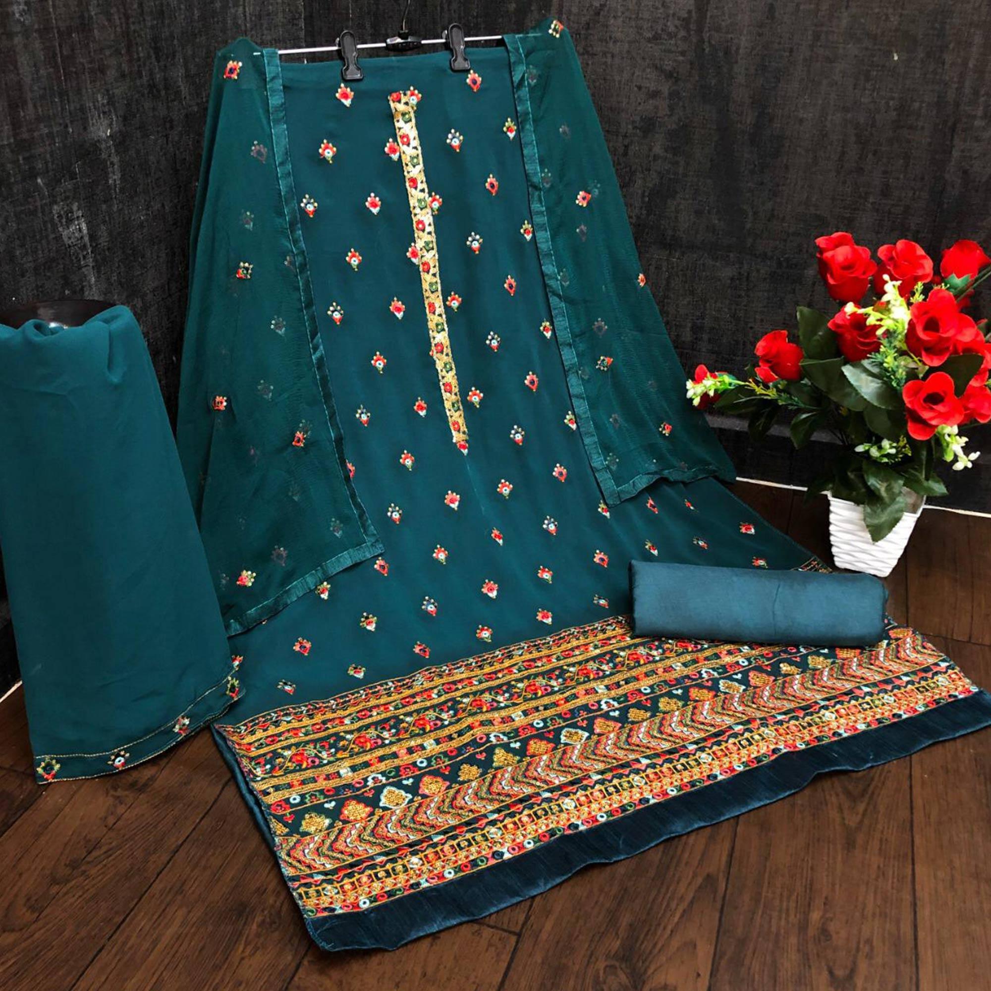 Festive Wear Sea Green Sequence Embroidery Work Faux Georgette Patiala Suit - Peachmode