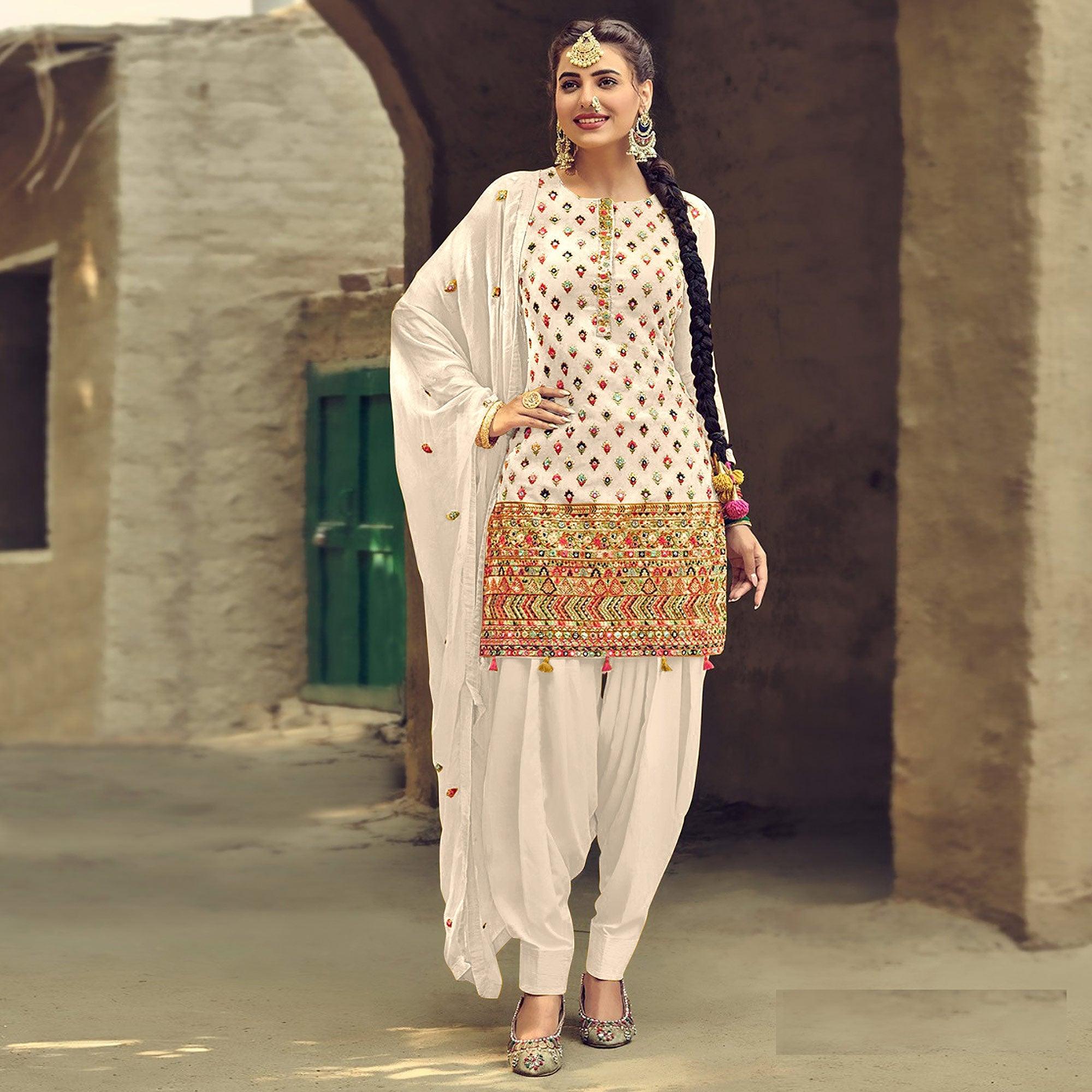 Festive Wear White Sequence Embroidery Work Faux Georgette Patiala Suit - Peachmode