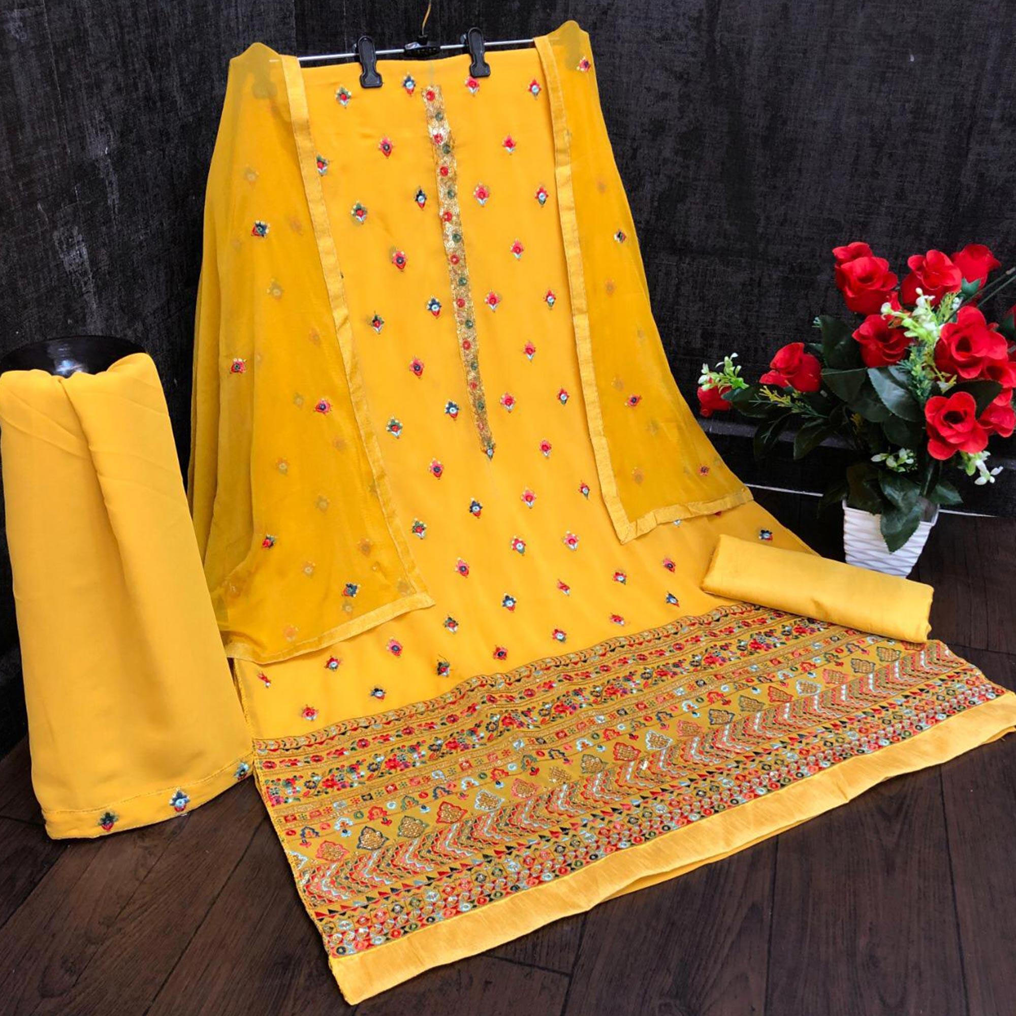 Festive Wear Yellow Sequence Embroidery Work Faux Georgette Patiala Suit - Peachmode