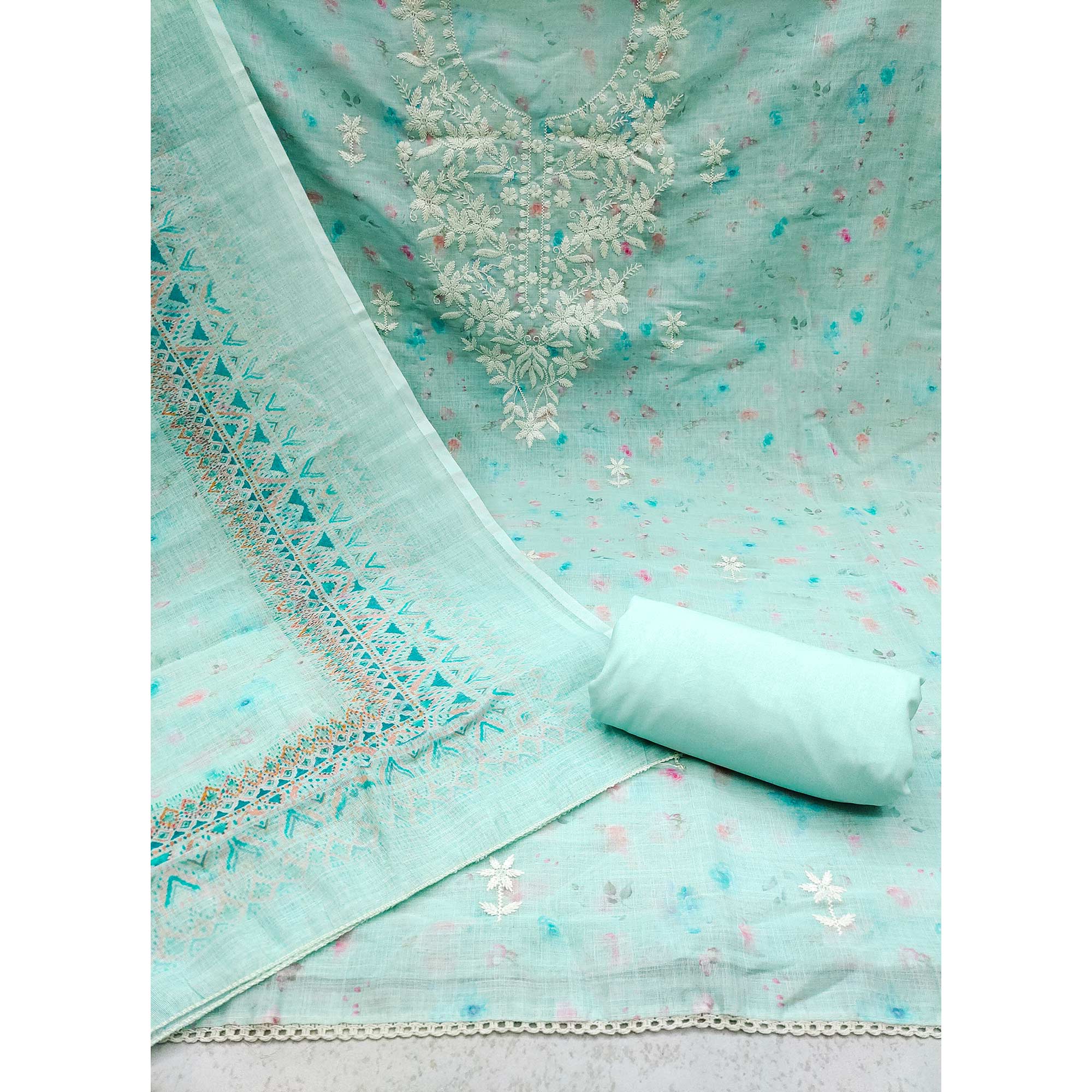 Sea Blue Floral Printed Cotton Dress Material