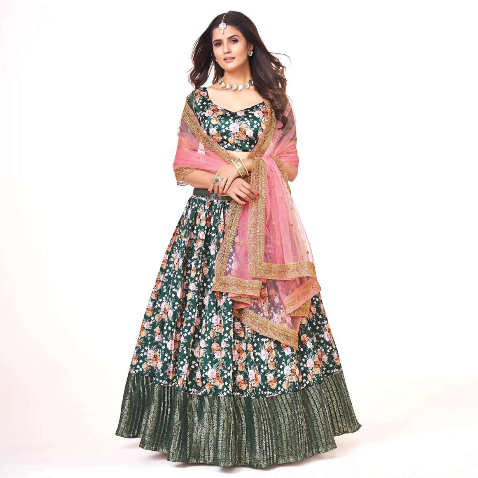 Green Digital Printed With Zari Work Art Silk Lehenga Choli