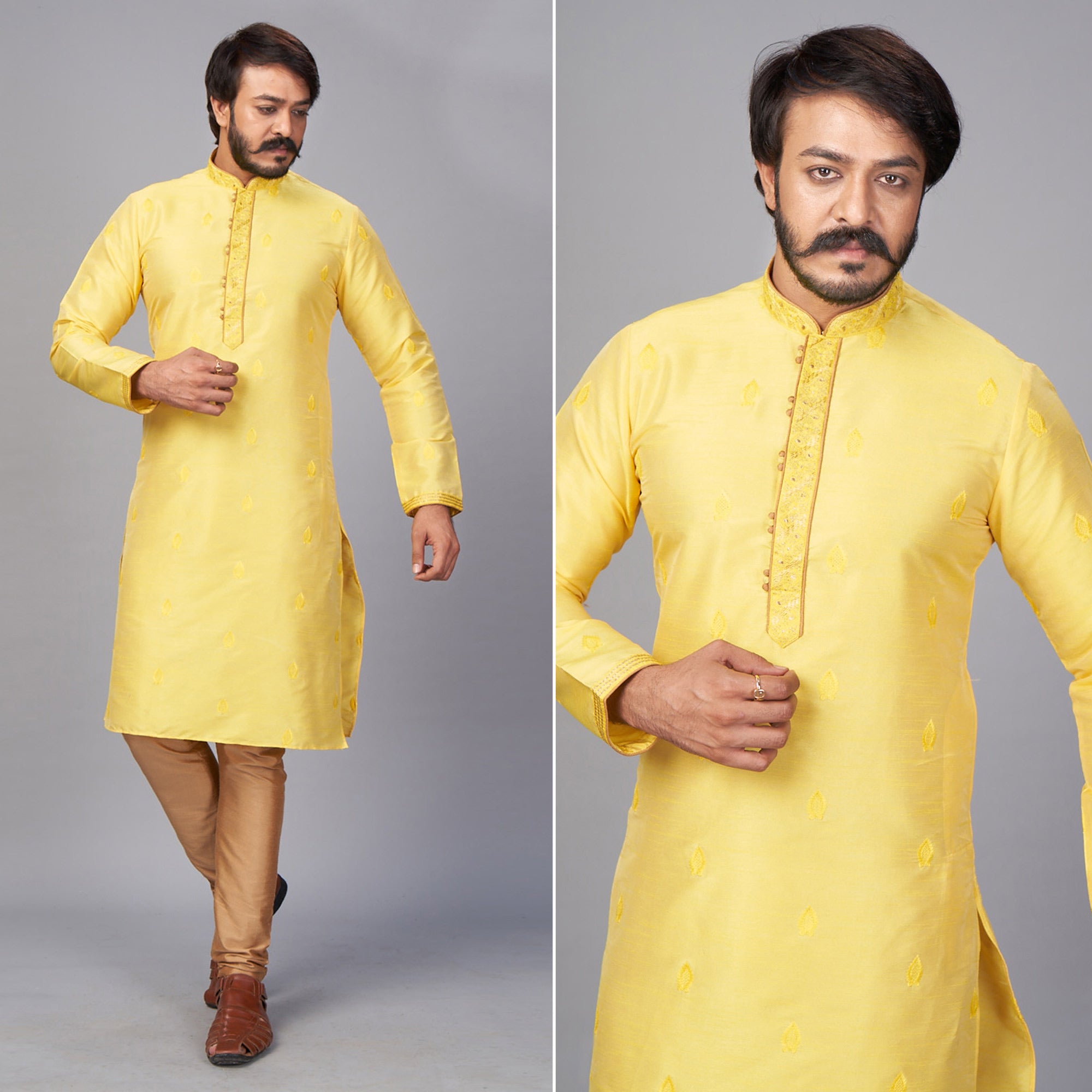 Yellow Embroidered Jacquard Kurta Pyjama Set