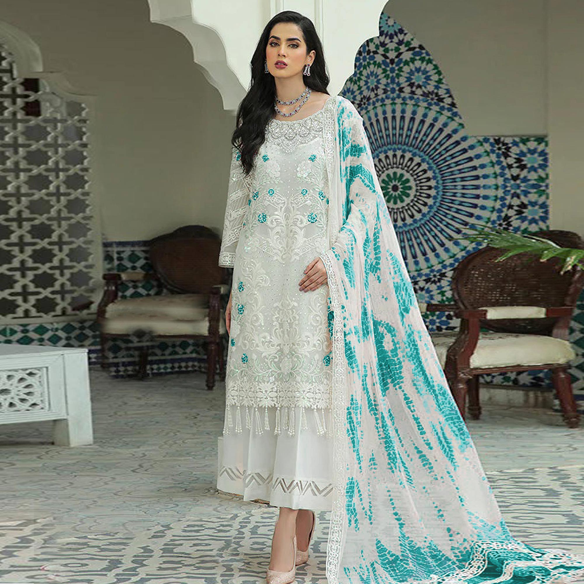 White Sequins Embroidered Georgette Pakistani Suit