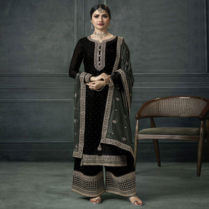 Black Embroidered Georgette Semi Stitched Palazzo Suit