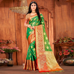 Green Woven Art Silk Saree With Tassels