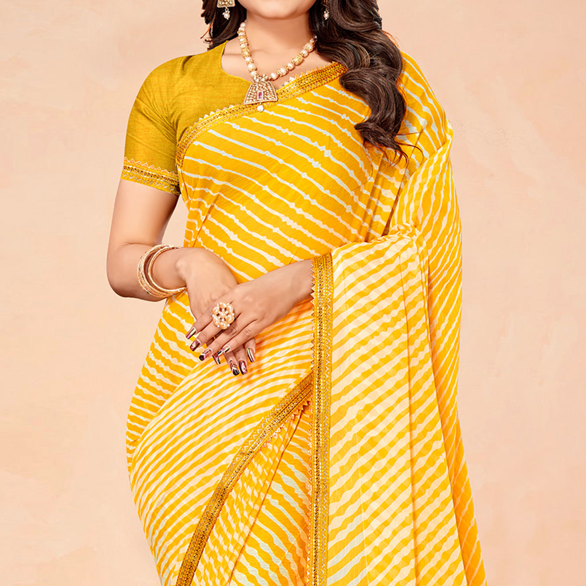 Yellow Printed Chiffon Saree