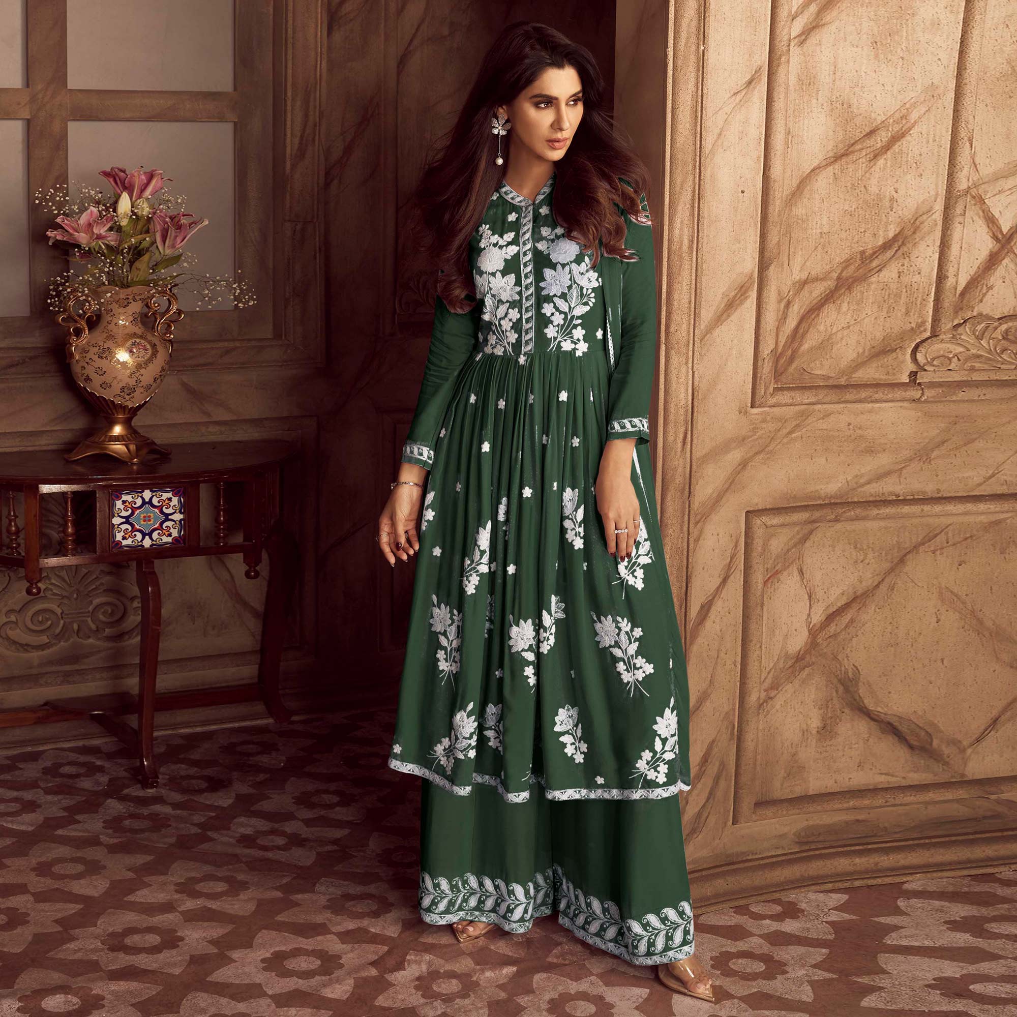 Green Lucknowi Embroidered Rayon Palazzo Suit