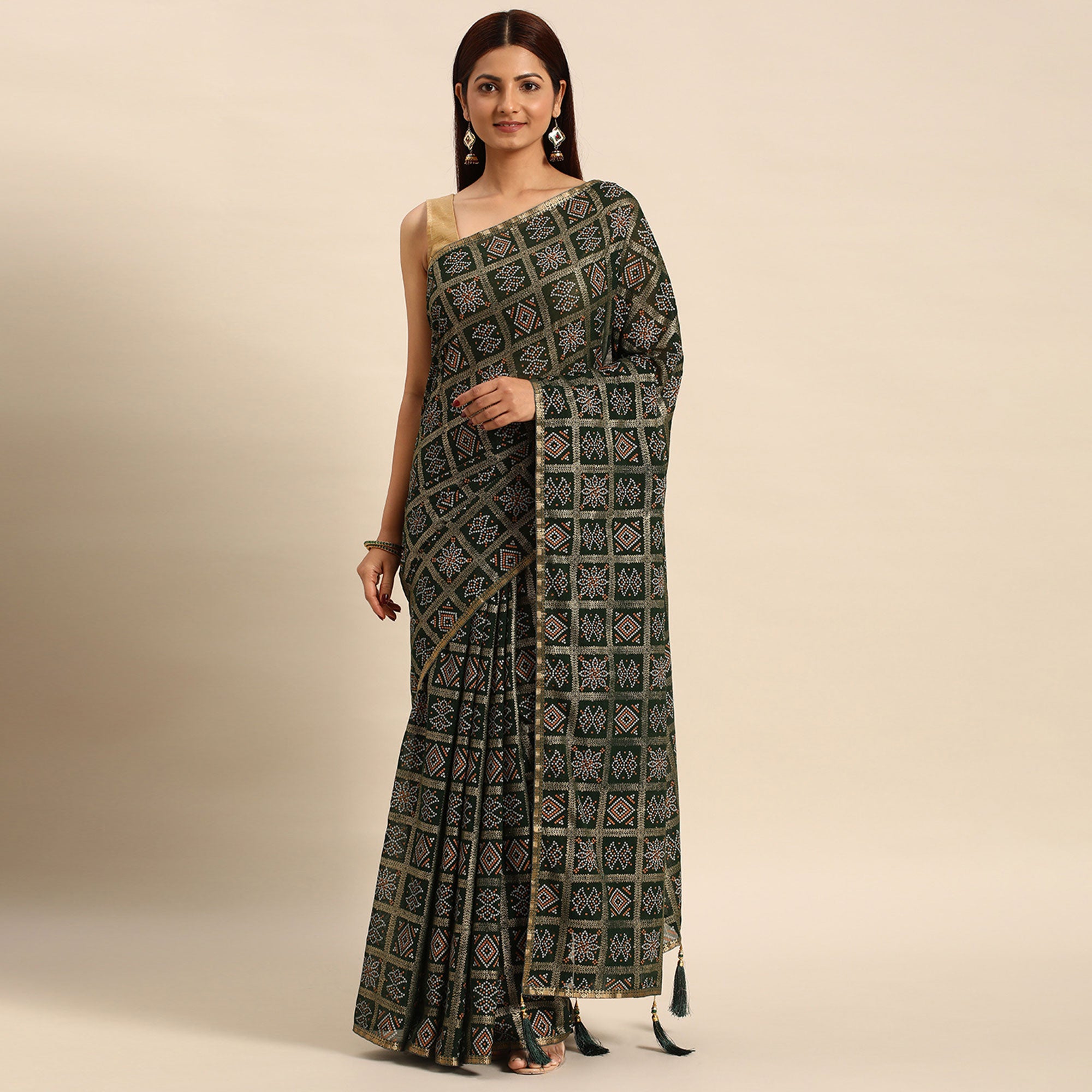 Green Bandhani Foil Printed Zomato Saree With Tassels