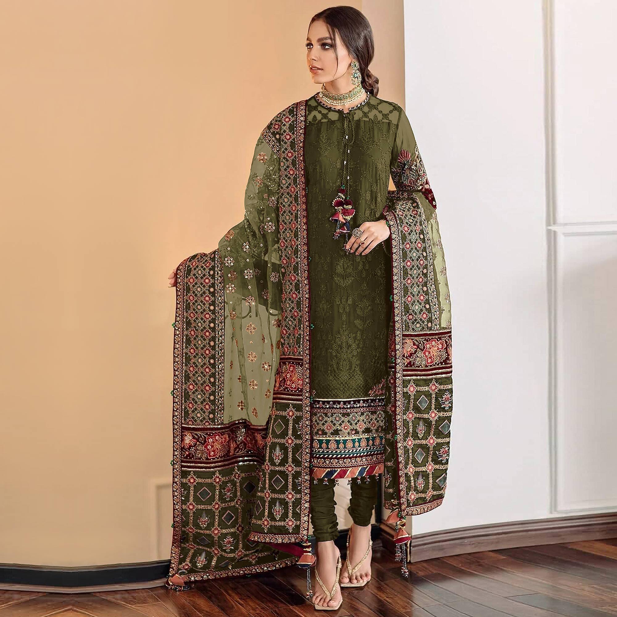 Mehendi Green Sequins Embroidered Georgette Pakistani Suit