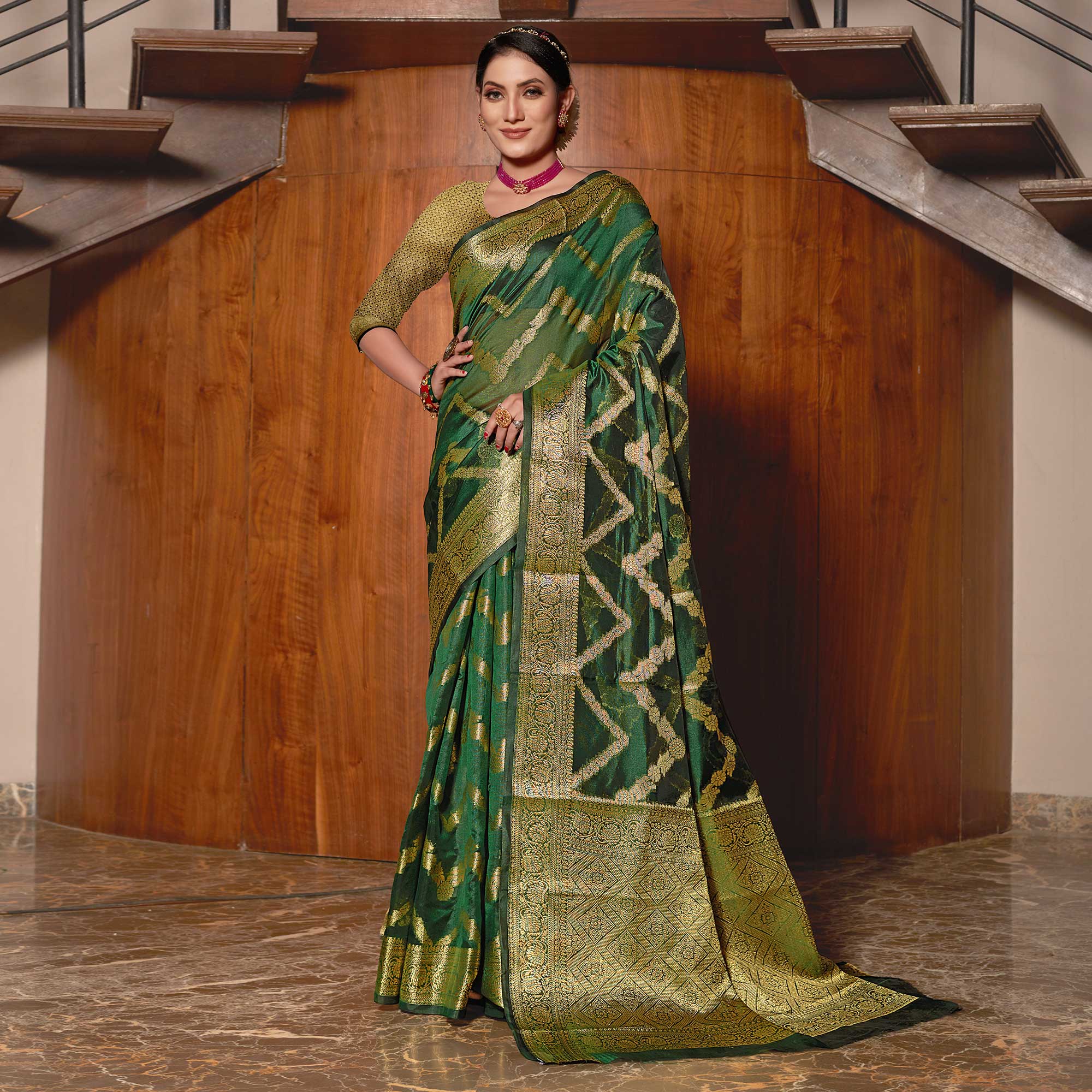 Bottle Green Woven Organza Saree