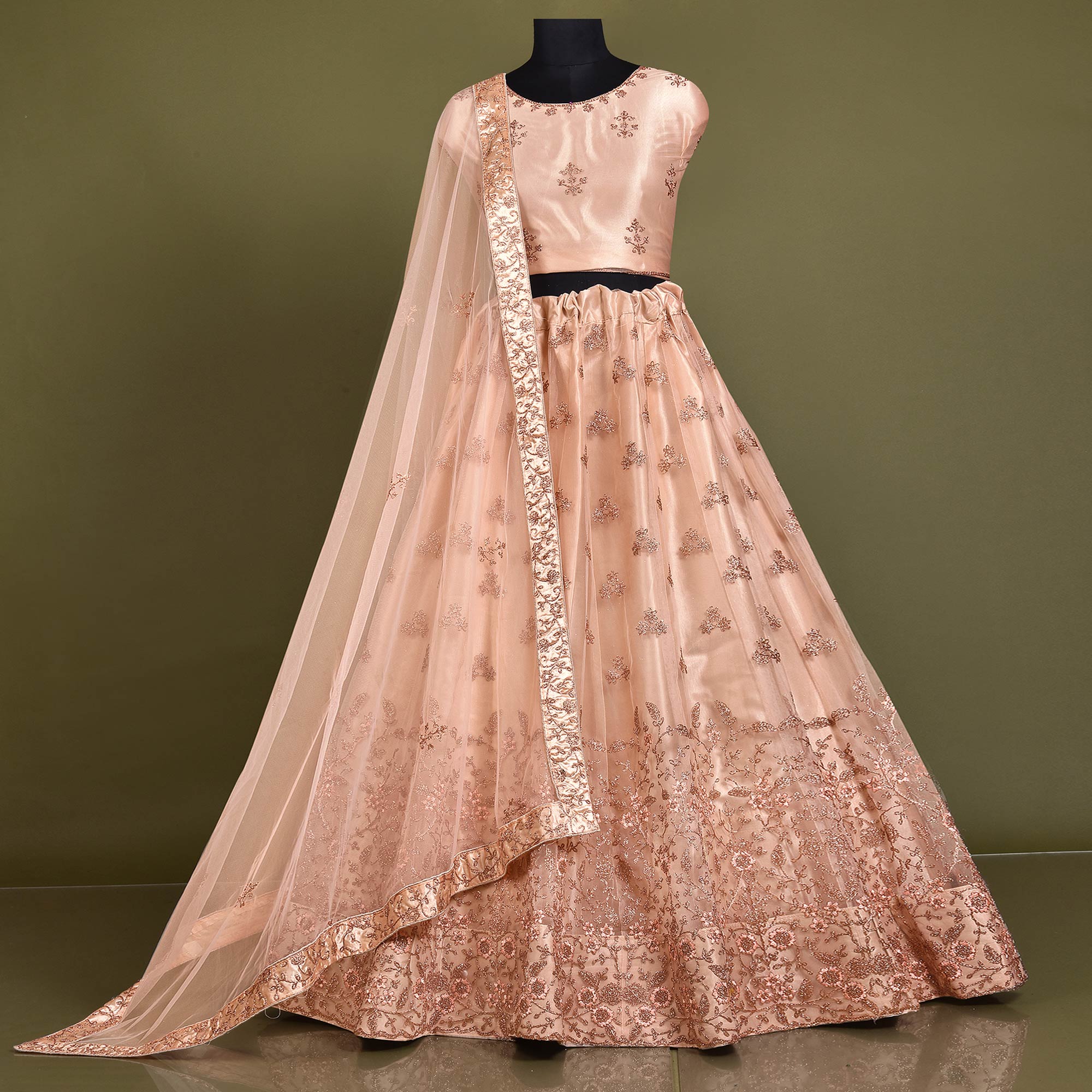 Light Peach Floral Embroidered Net Lehenga Choli