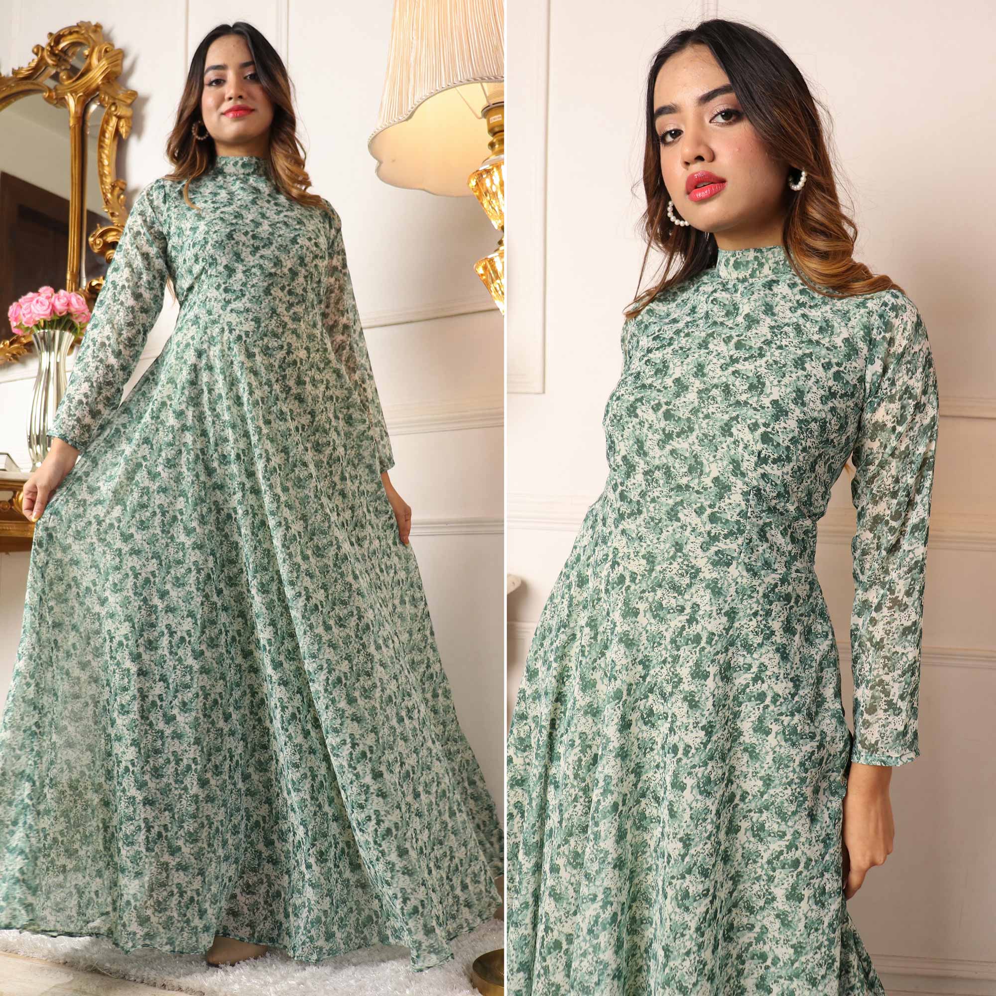 Green Printed Georgette Gown