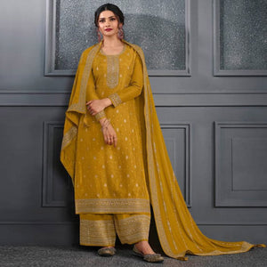 Mustard Woven With Sequins Embroidered Dola Silk Palazzo Suit