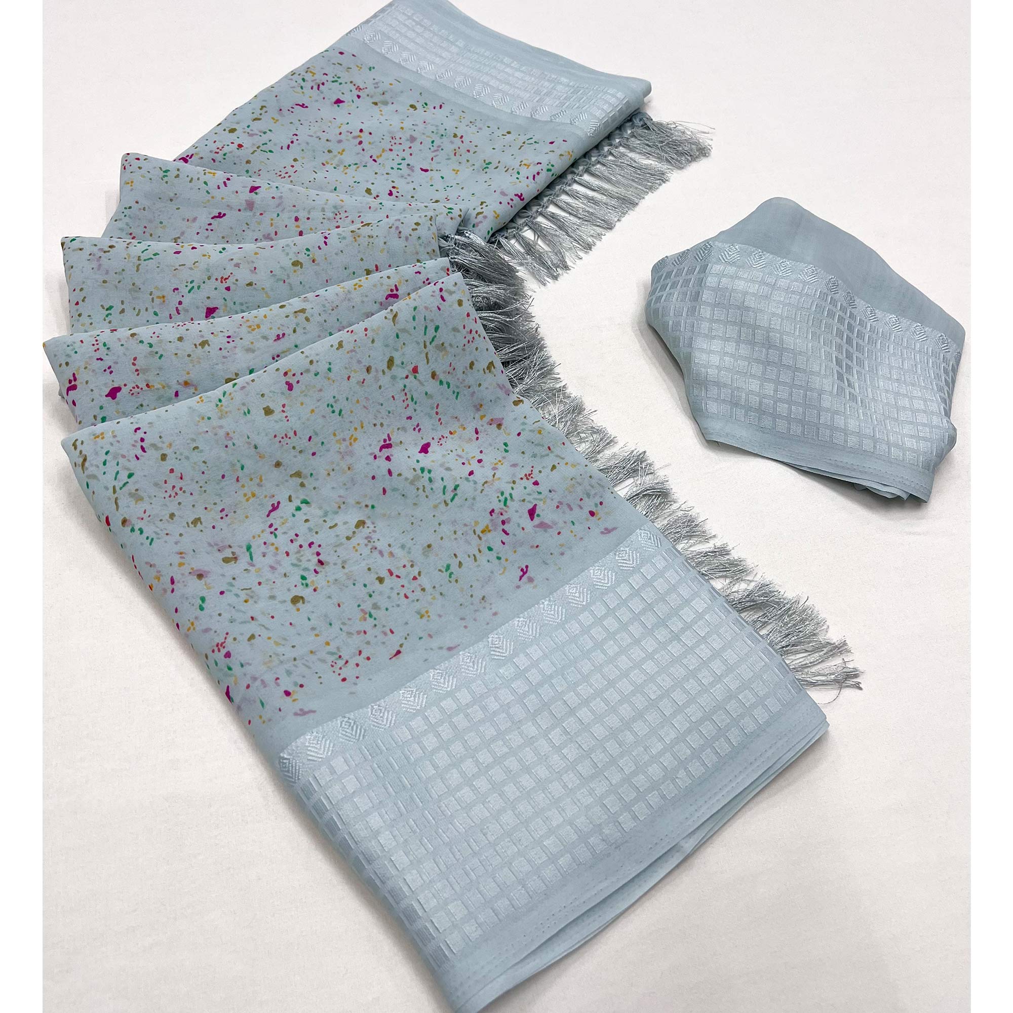 Grey Printed Georgette Saree With Tassels