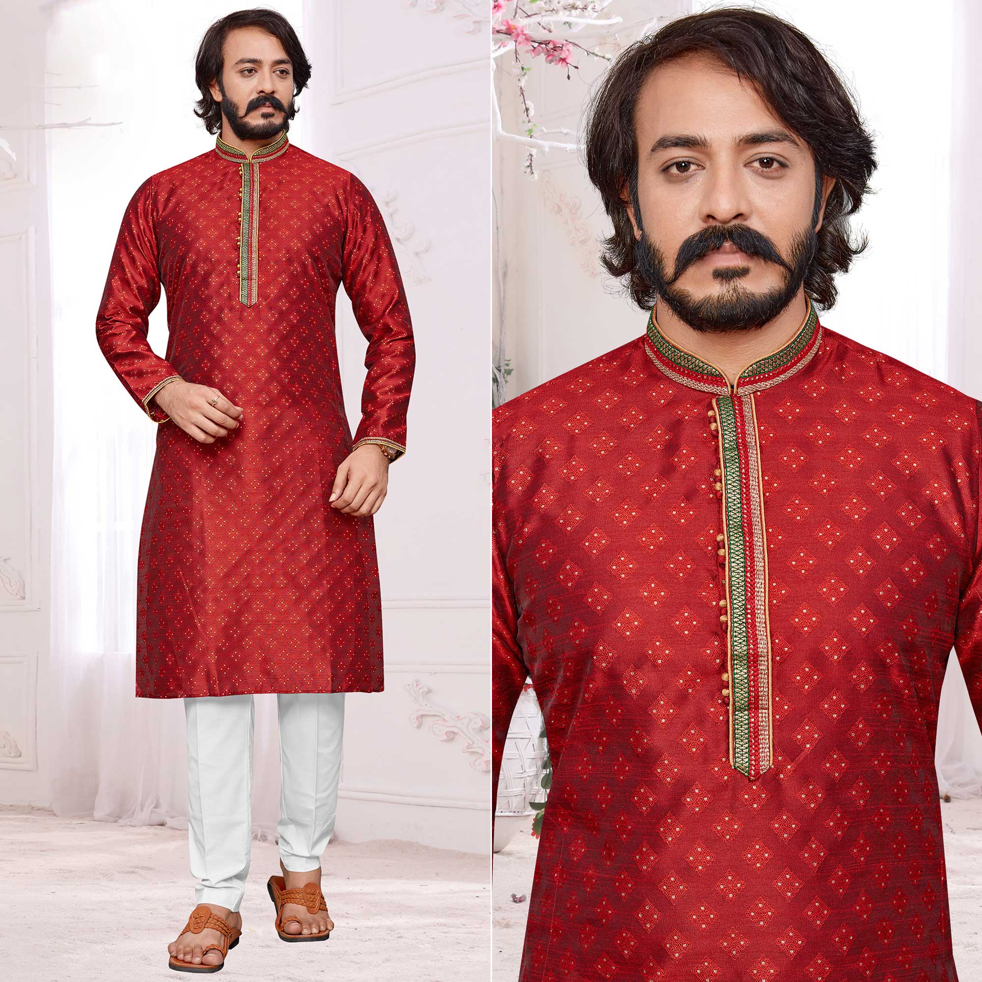 Red Woven Jacquard Kurta Pyjama Set