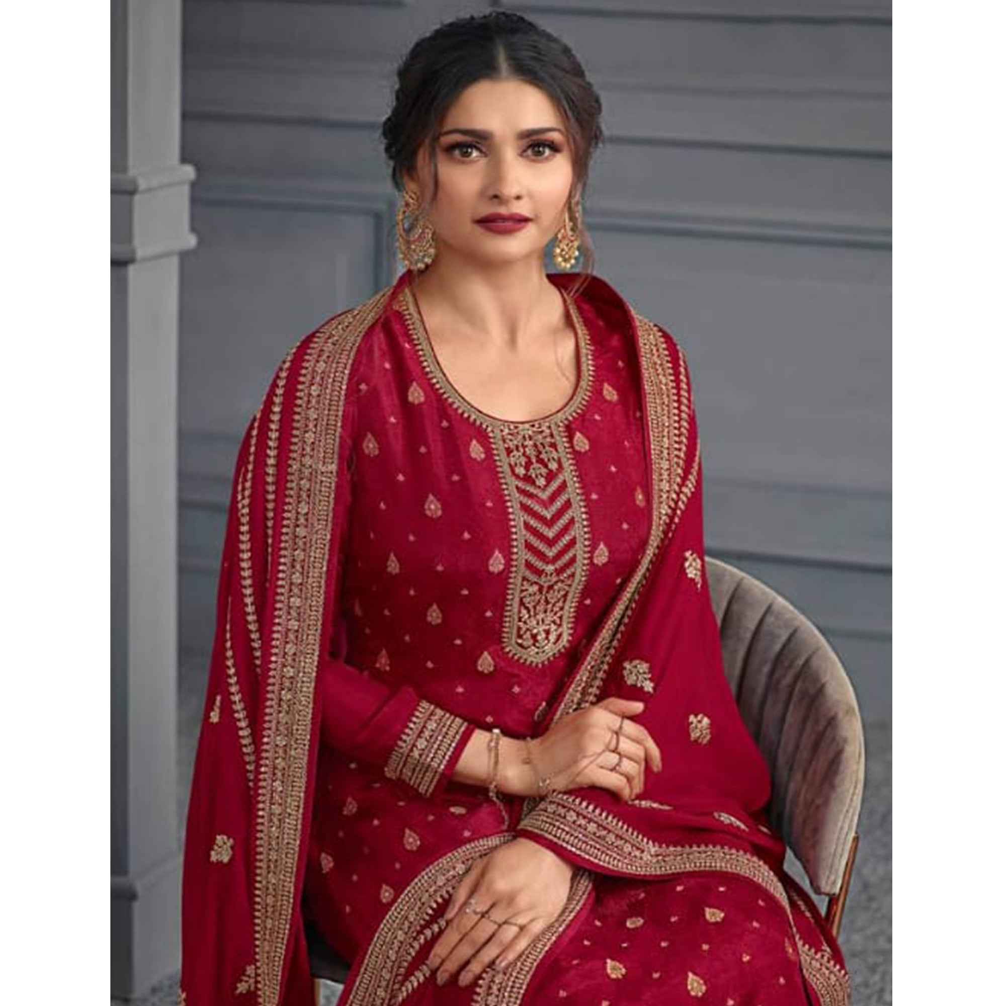 Red Woven With Sequins Embroidered Dola Silk Palazzo Suit