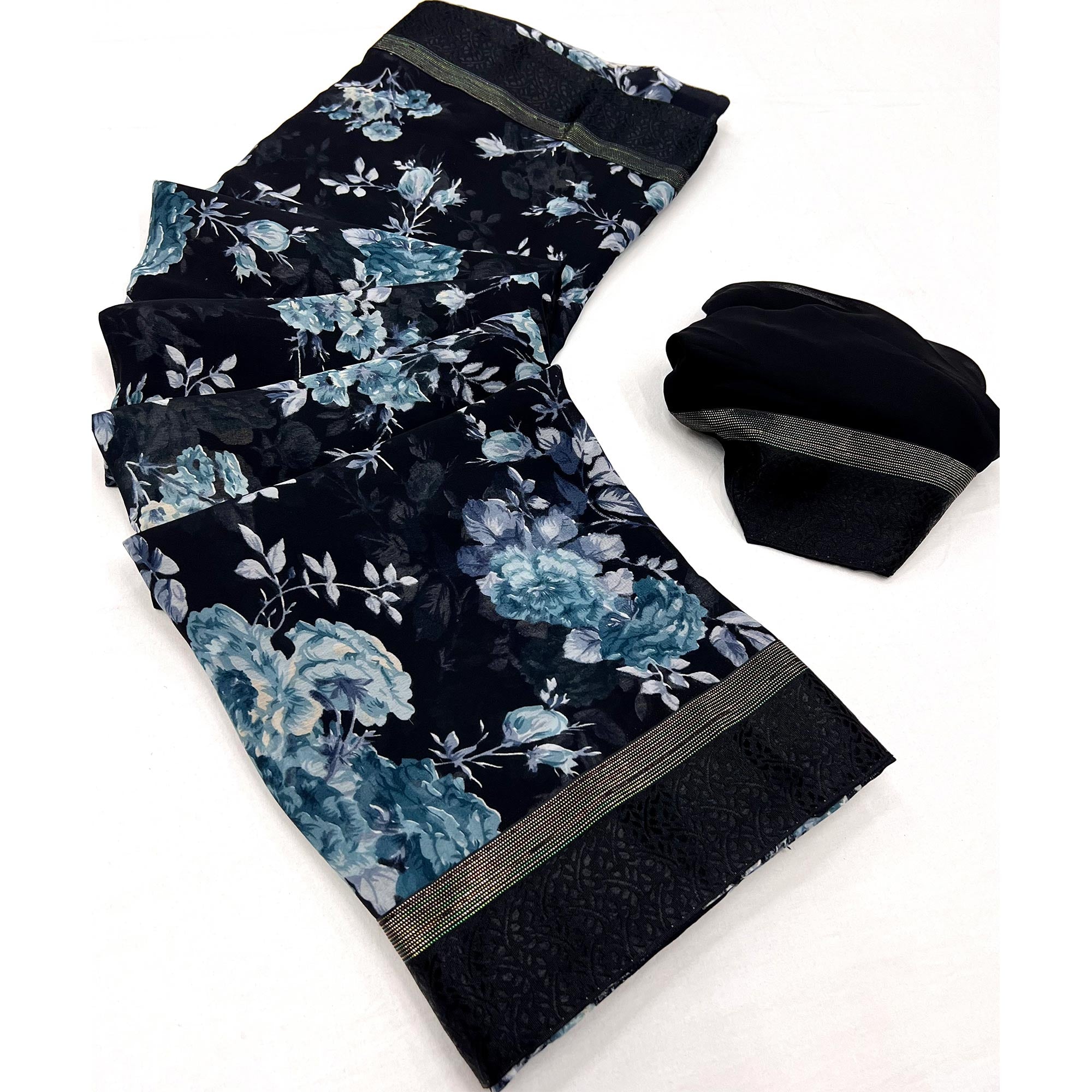 Black Floral Printed Georgette Saree