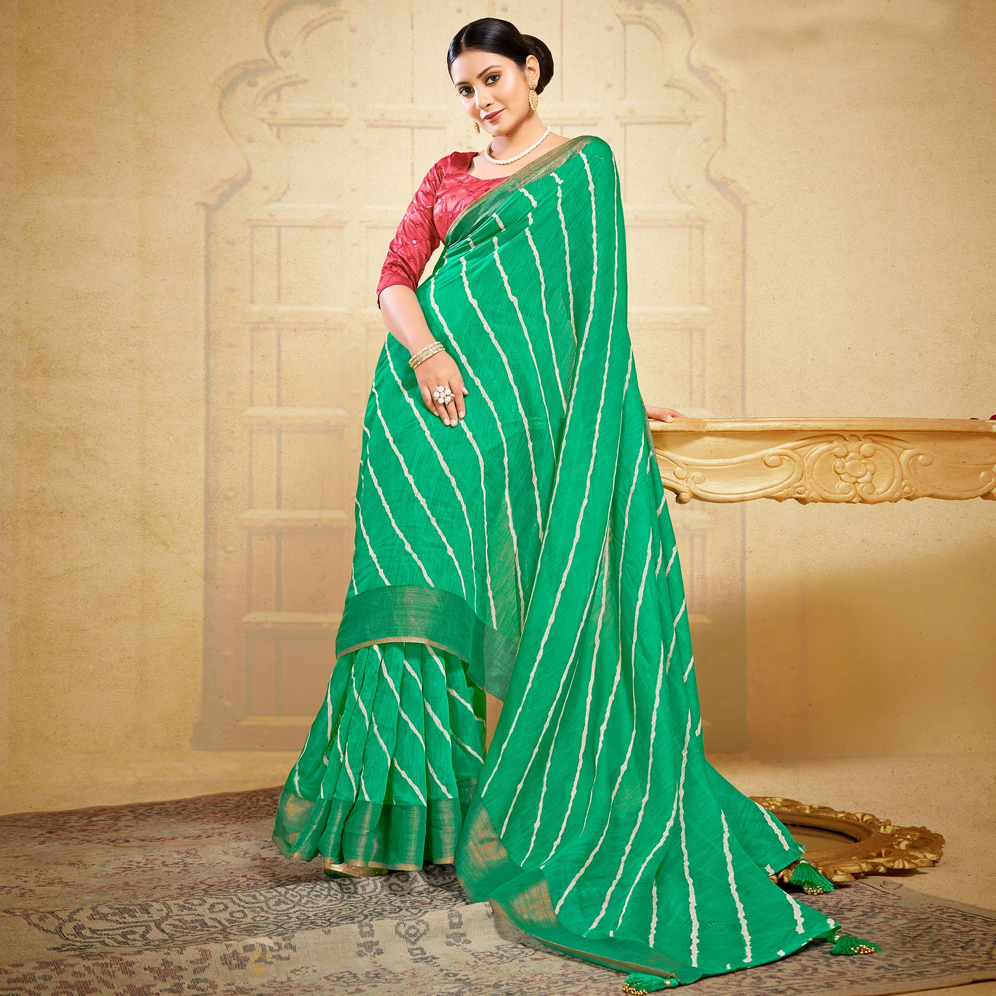 Blue Leheriya Printed Chinon Saree With Unstitched Blouse Piece